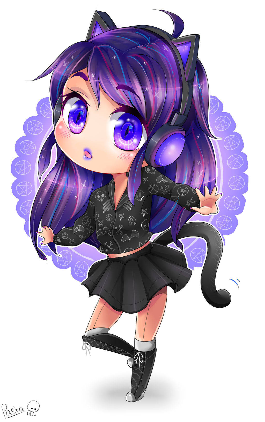 Aphmau 桌布 壁紙 — 一個紫髮、貓耳和尾巴的Q版動漫女孩，戴著耳機在紫色五角星圖案背景前跳舞。