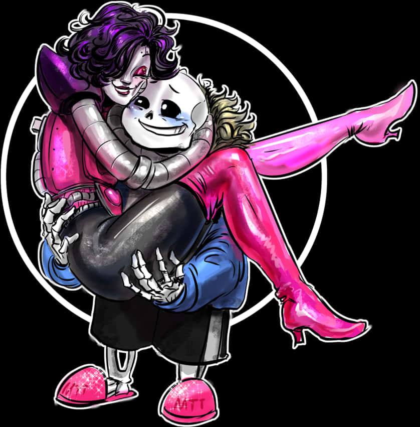 Undertale 桌布 壁紙 — 一個紫髮動漫女孩在黑色背景上有一個白色圓圈，擁抱一個穿著粉紅色靴子微笑的骷髏。