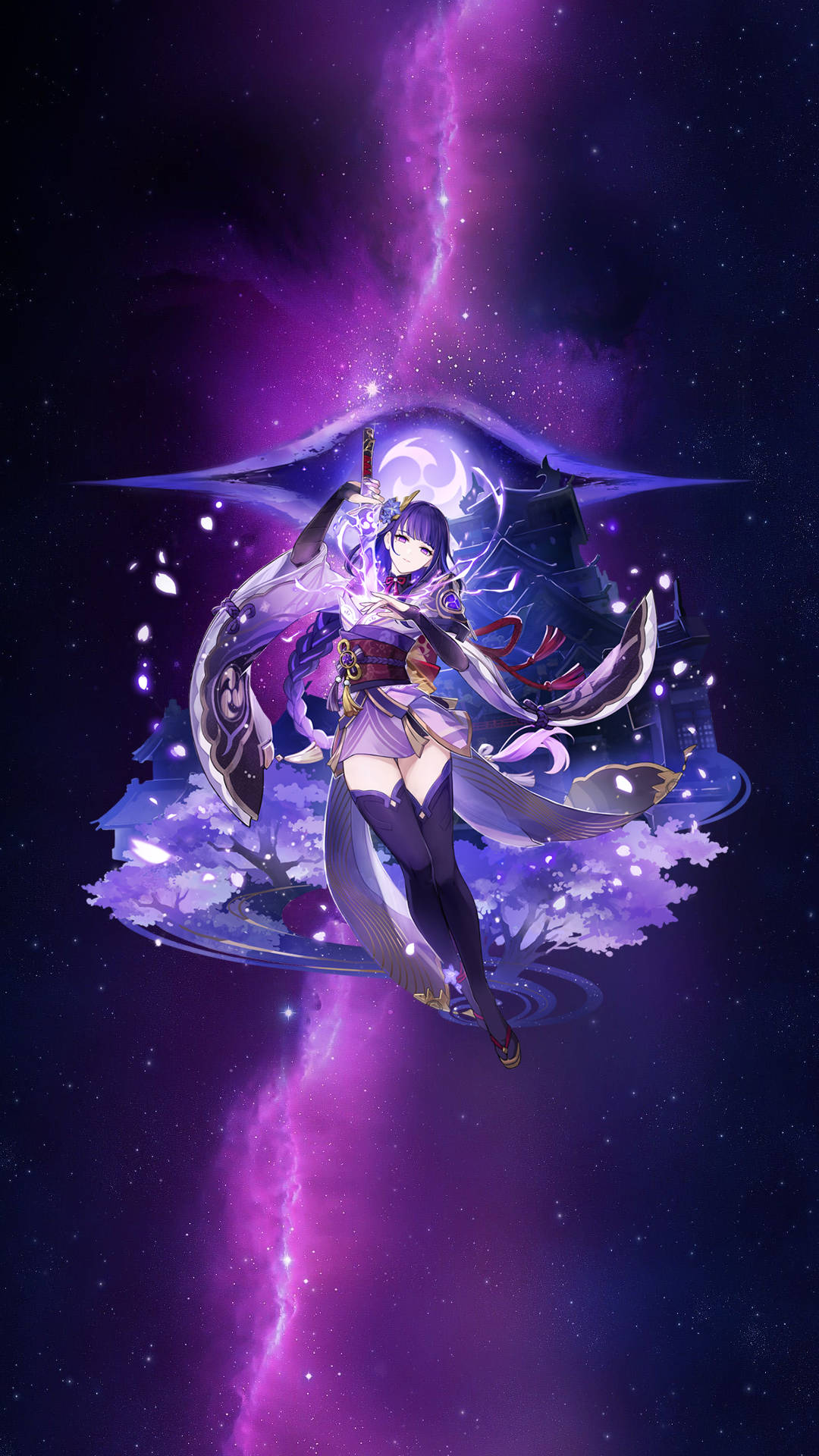 Raiden 桌布 壁紙 — 一個紫髮動漫女孩拿著劍漂浮在櫻花之上，背景是宇宙紫色閃電風暴。