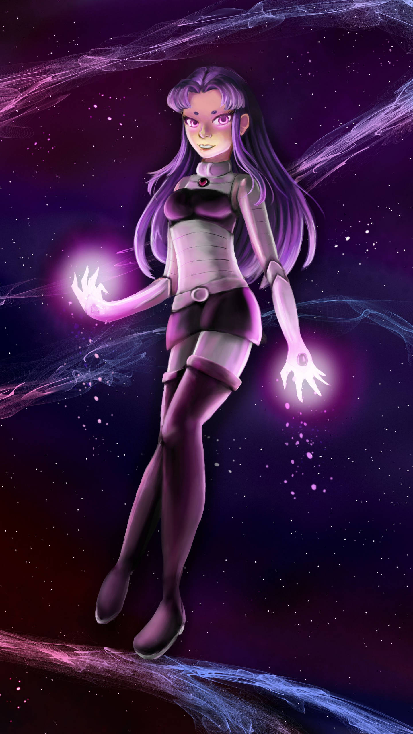 Blackfire 桌布 壁紙 — 一個紫髮動漫女孩漂浮在宇宙虛空中，發光的雙手向佈滿星星的紫色和藍色星雲散發出輻射能量。