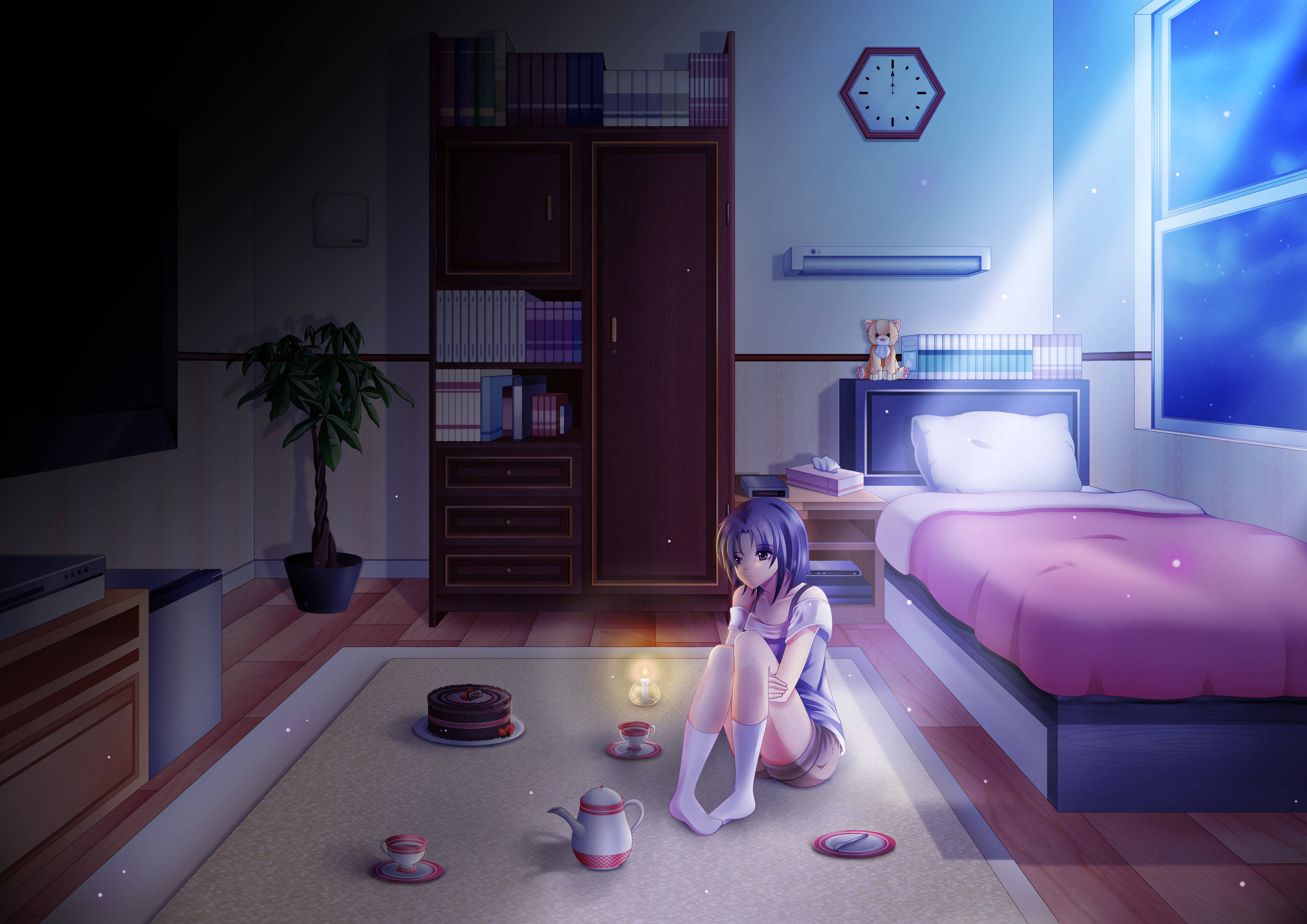 Bedroom 桌布 壁紙 — 一個紫髮動漫女孩獨自坐在昏暗臥室的地毯上，被蠟燭和窗外的星光照亮，周圍有茶具和蛋糕。