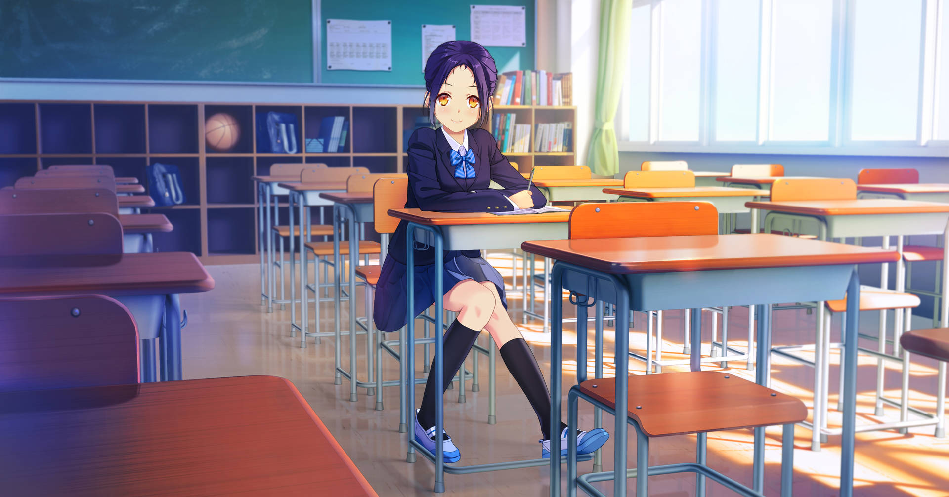 穿著校服的動漫女孩坐在教室的桌子上，陽光灑進來。