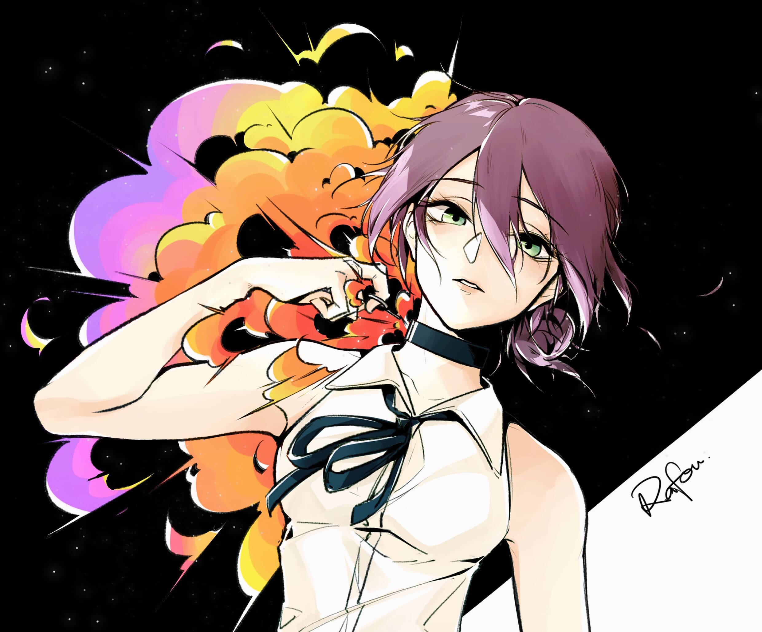 鏈鋸人 桌布 壁紙 — 一個紫髮動漫女孩穿著白色連衣裙，在星空黑色背景上抱著一個火紅色的生物，伴隨著多彩爆炸效果。