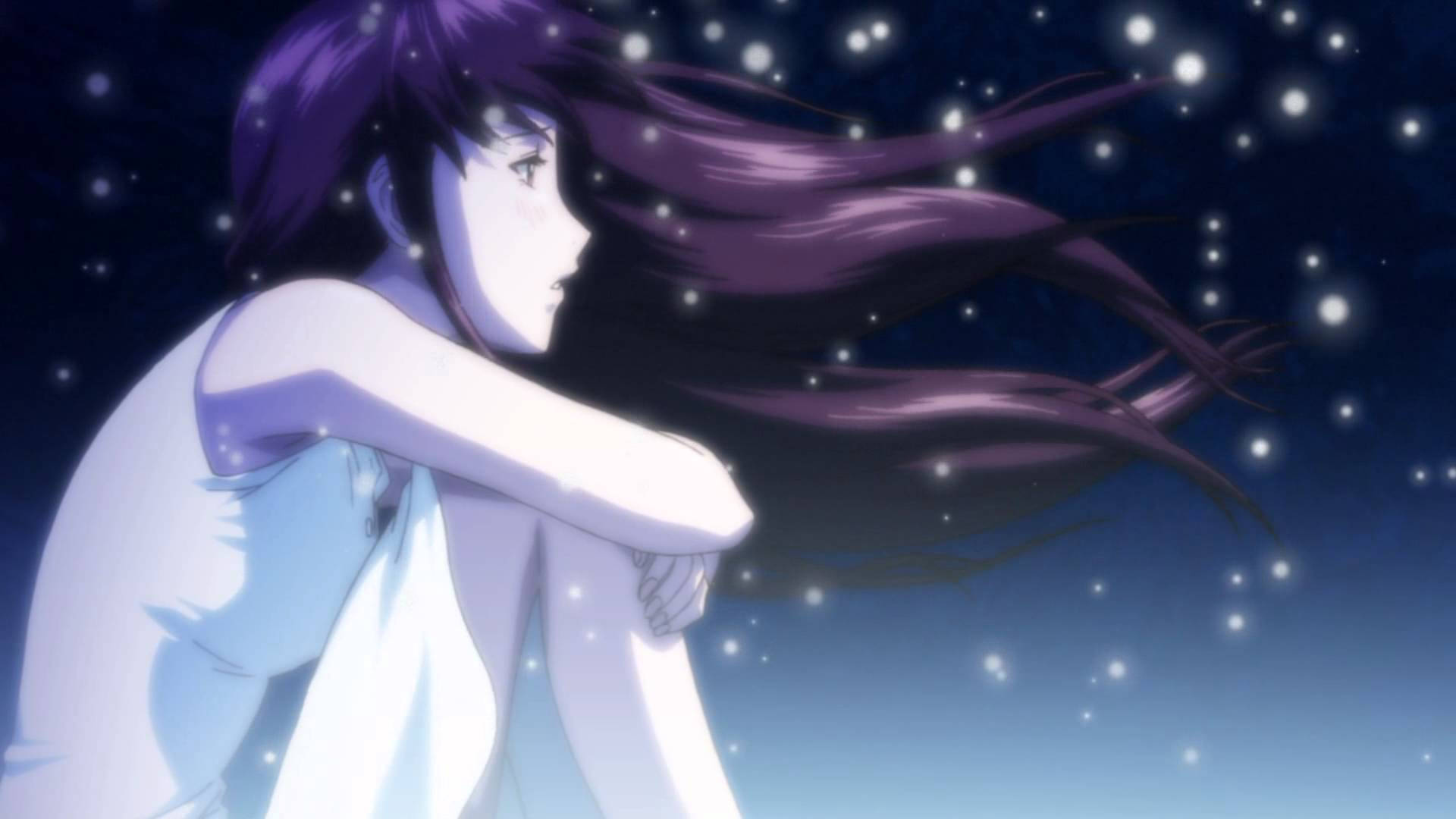 rideback 桌布 壁紙 — 一個紫髮動漫女孩穿著白色連衣裙，仰望星空般的粒子在暮色天空中飄蕩。