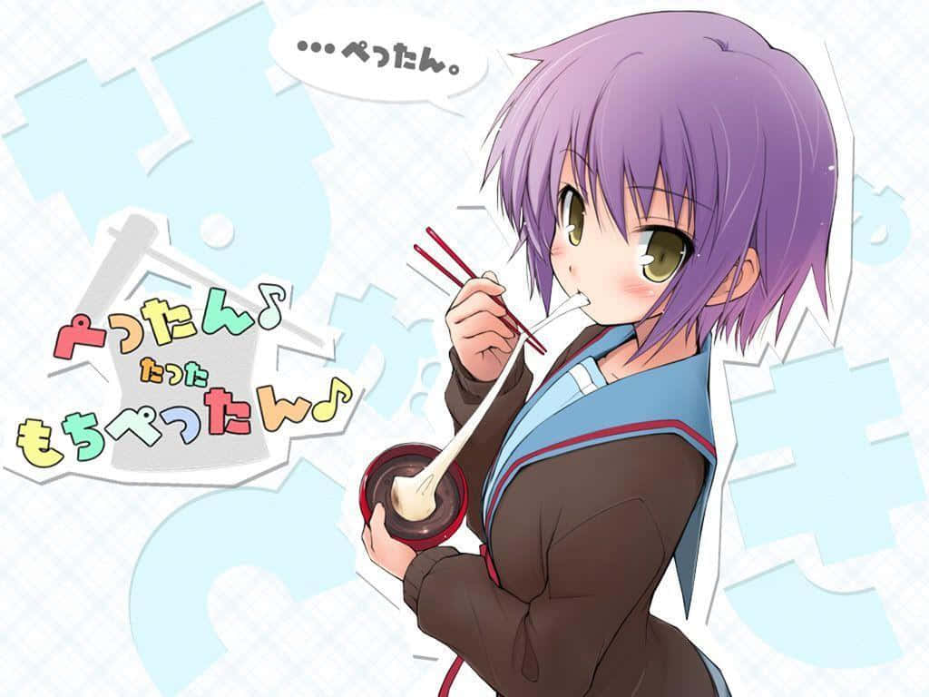 Yuki Nagato 桌布 壁紙 — 一個紫髮動漫女學生穿著校服，在淺藍色拼圖背景前開心地用筷子吃麻糬。