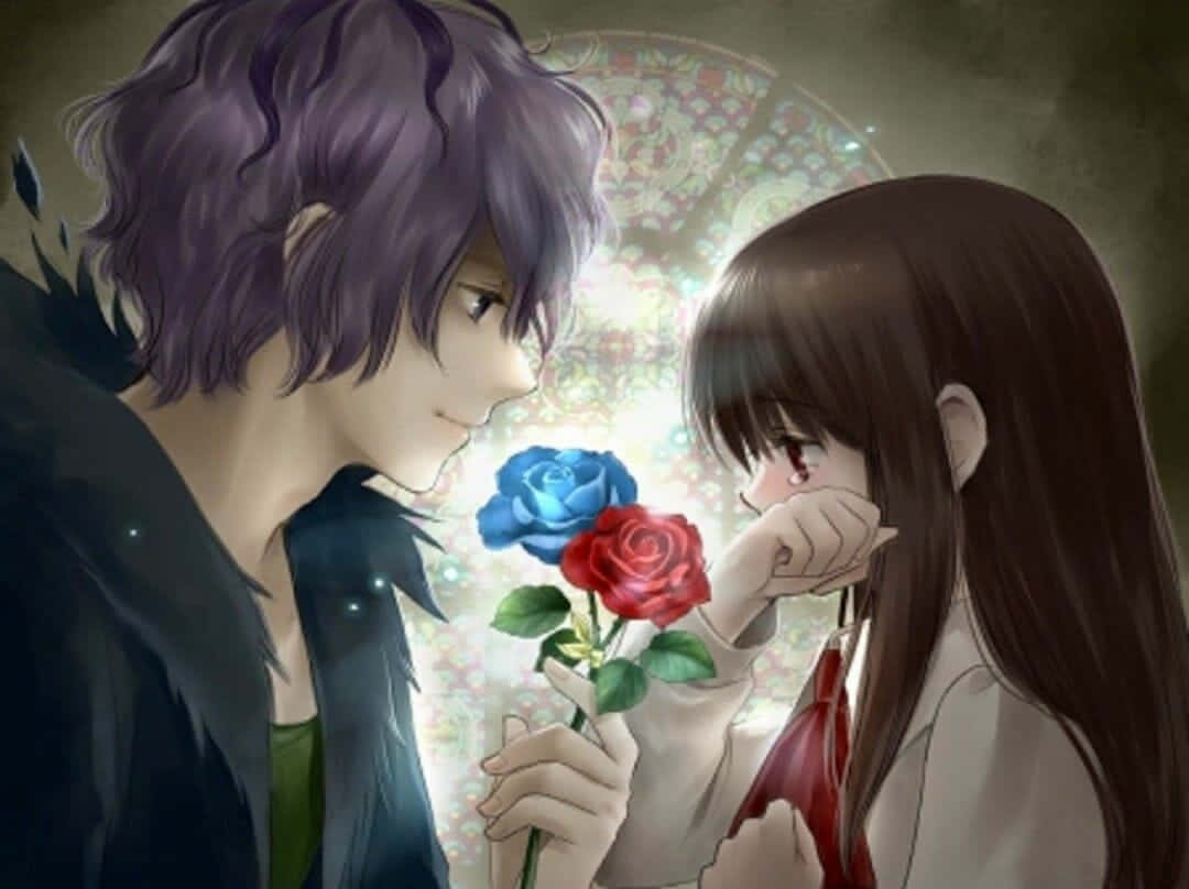 Blue Rose 桌布 壁紙 — 一個紫髮動漫男孩向一個淚流滿面的棕髮女孩獻上藍色和紅色的玫瑰，背景柔和發光，裝飾華麗。