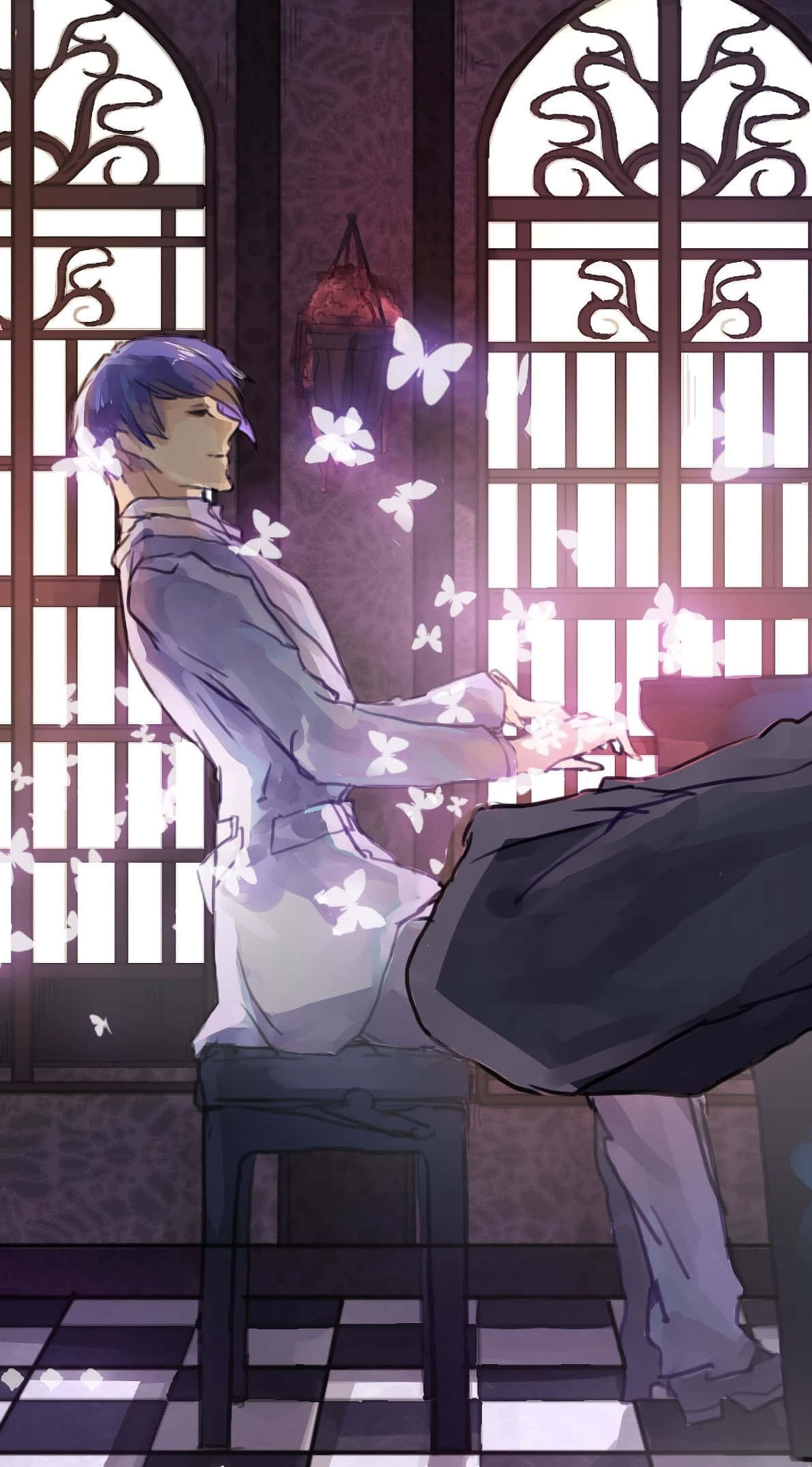 Shuu Tsukiyama 桌布 壁紙 — 一個紫髮動漫男孩坐在鋼琴前，發光的蝴蝶在他周圍飛舞，房間是格子圖案並有華麗的窗戶。