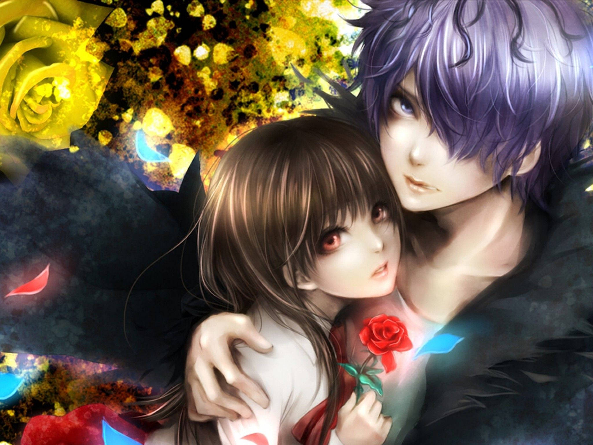 Anime Hug 桌布 壁紙 — 一個紫髮動漫男孩擁抱著一個拿著紅玫瑰的棕髮女孩，背景是充滿黃玫瑰和發光粒子的鮮豔抽象背景。