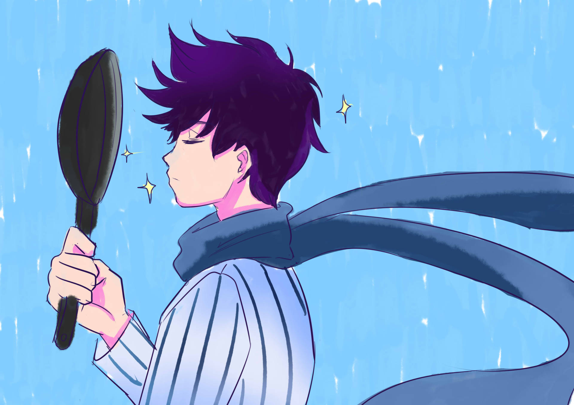 紫發動漫男孩在雨中拿著平底鍋。 — Omori GIF 壁紙