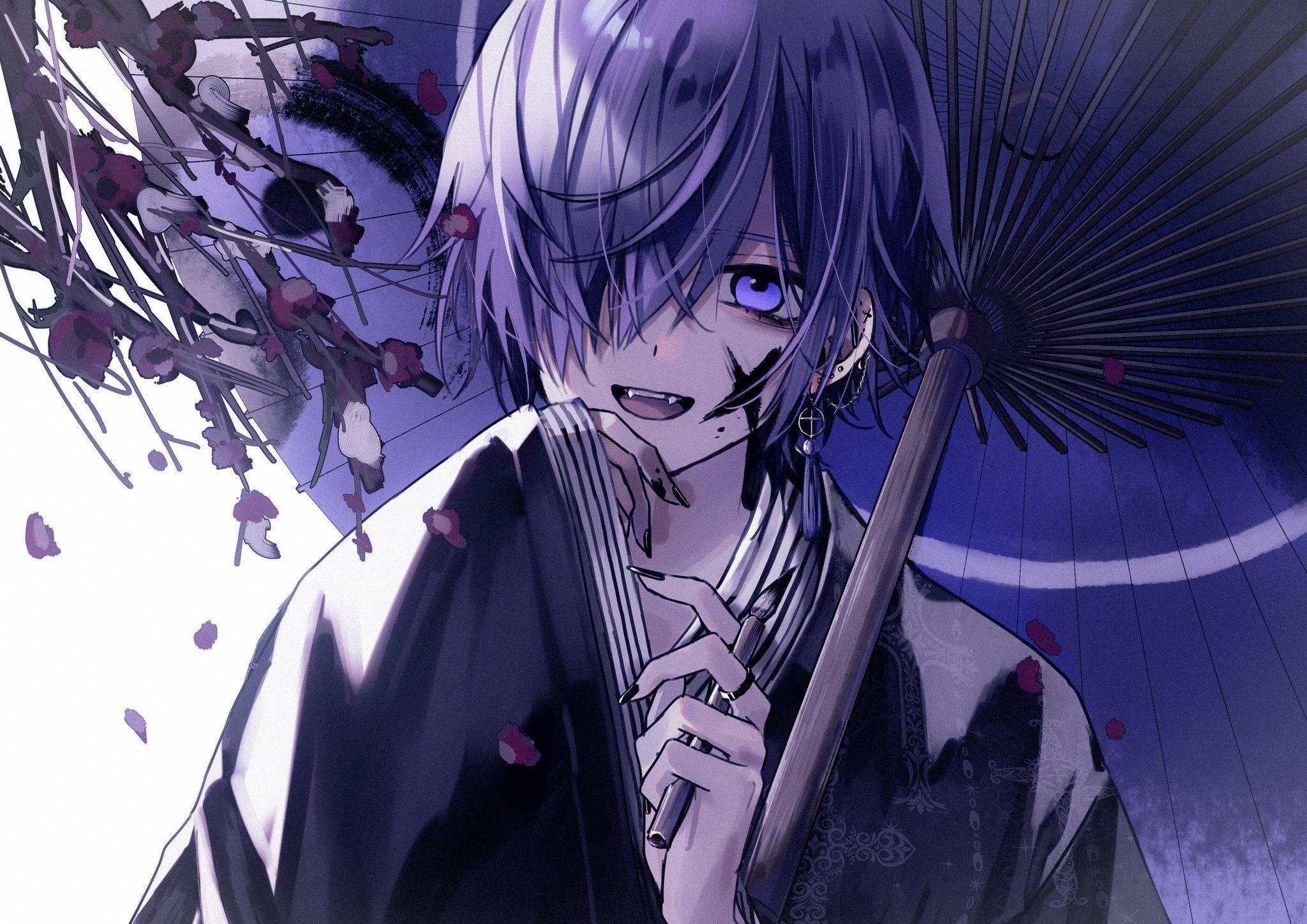 Edgy 桌布 壁紙 — 一個紫髮動漫男孩穿著深色和服，撐著黑色雨傘，櫻花在他周圍飄落，背景是憂鬱的黃昏天空。