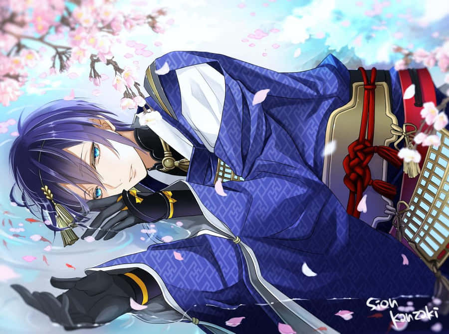 Gay Anime 桌布 壁紙 — 一個紫髮動漫男孩穿著藍色和服，在寧靜的水景中飄浮在飄落的櫻花之間。