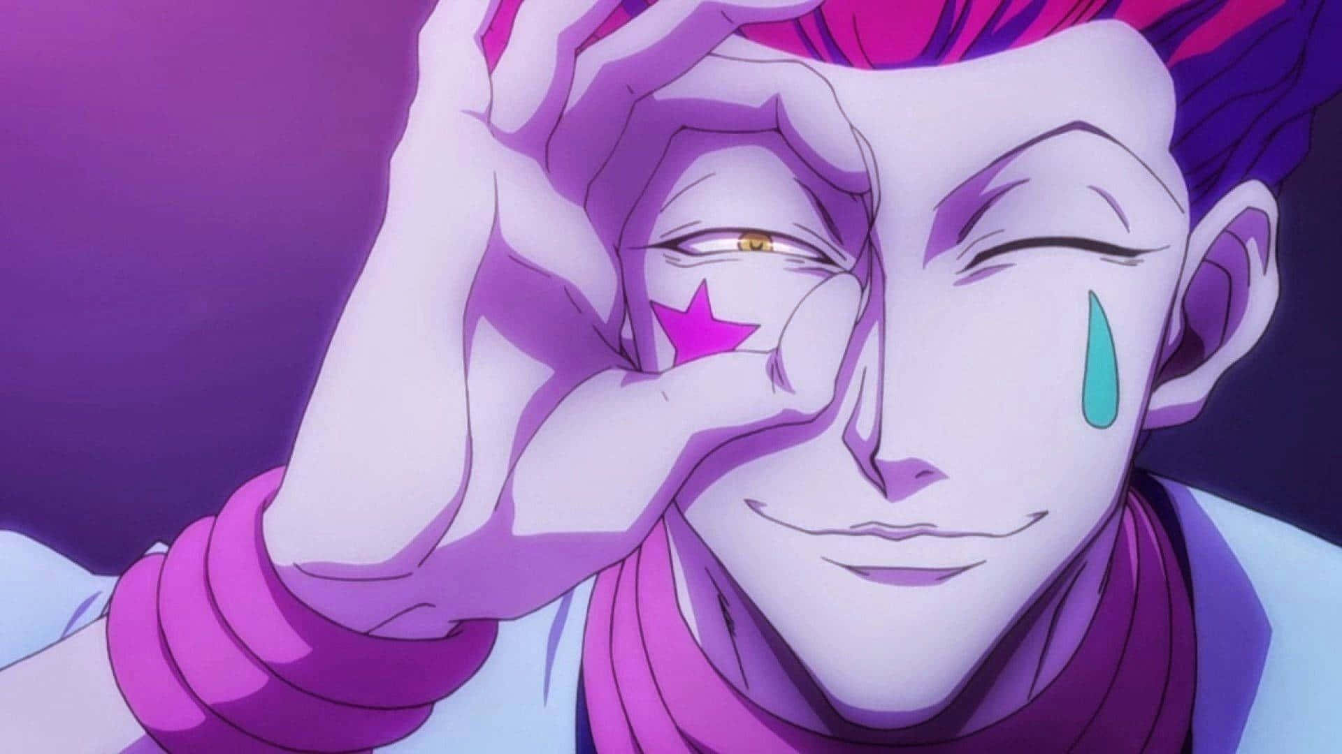 Hisoka 桌布 壁紙 — 一個紫髮動漫角色眨眼，帶有星星刺青和藍綠色眼淚，同時用手托住臉頰。