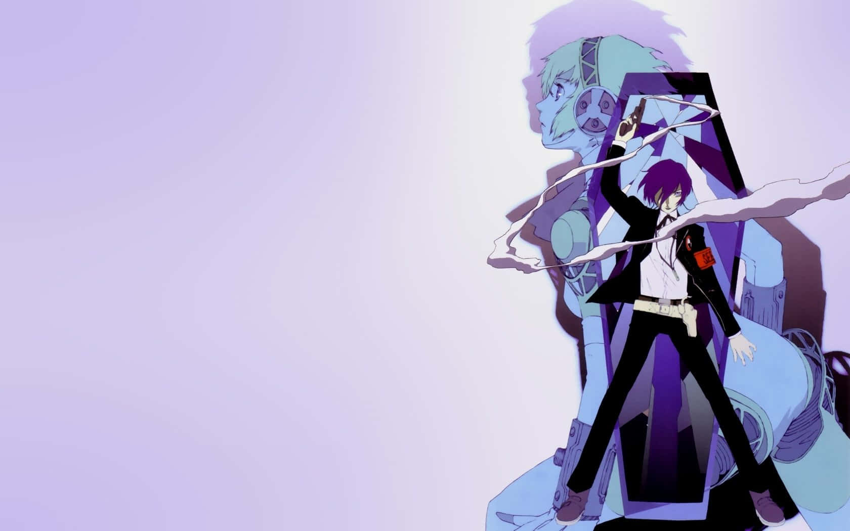 Anime Character 桌布 壁紙 — 一個紫髮動漫角色穿著黑色西裝，在發光的紫色背景前動態站立，背後有一個半透明的藍色人物。