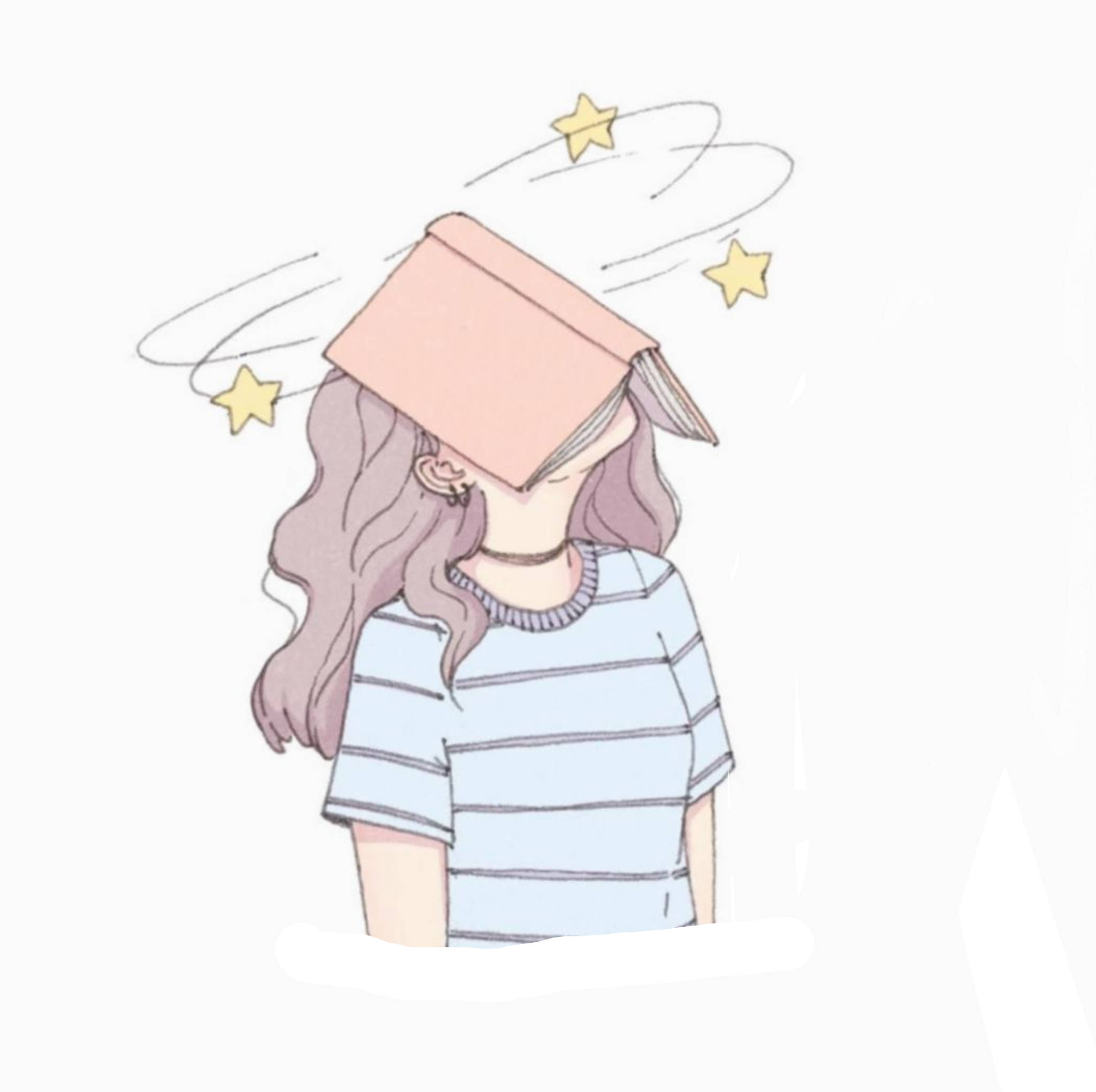 Aesthetic Drawings 桌布 壁紙 — 一個紫髮女孩頭上頂著一本桃色書本，黃色星星在她周圍旋轉，構成一個異想天開的插圖。