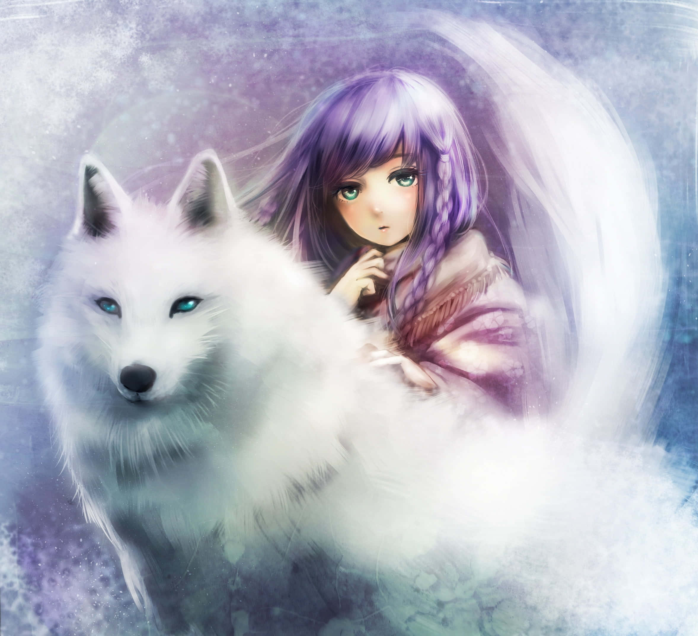 Kawaii Fox 桌布 壁紙 — 一個紫髮少女和一隻白狐在旋轉的紫色和藍色夢幻空間中分享一個神秘的時刻。