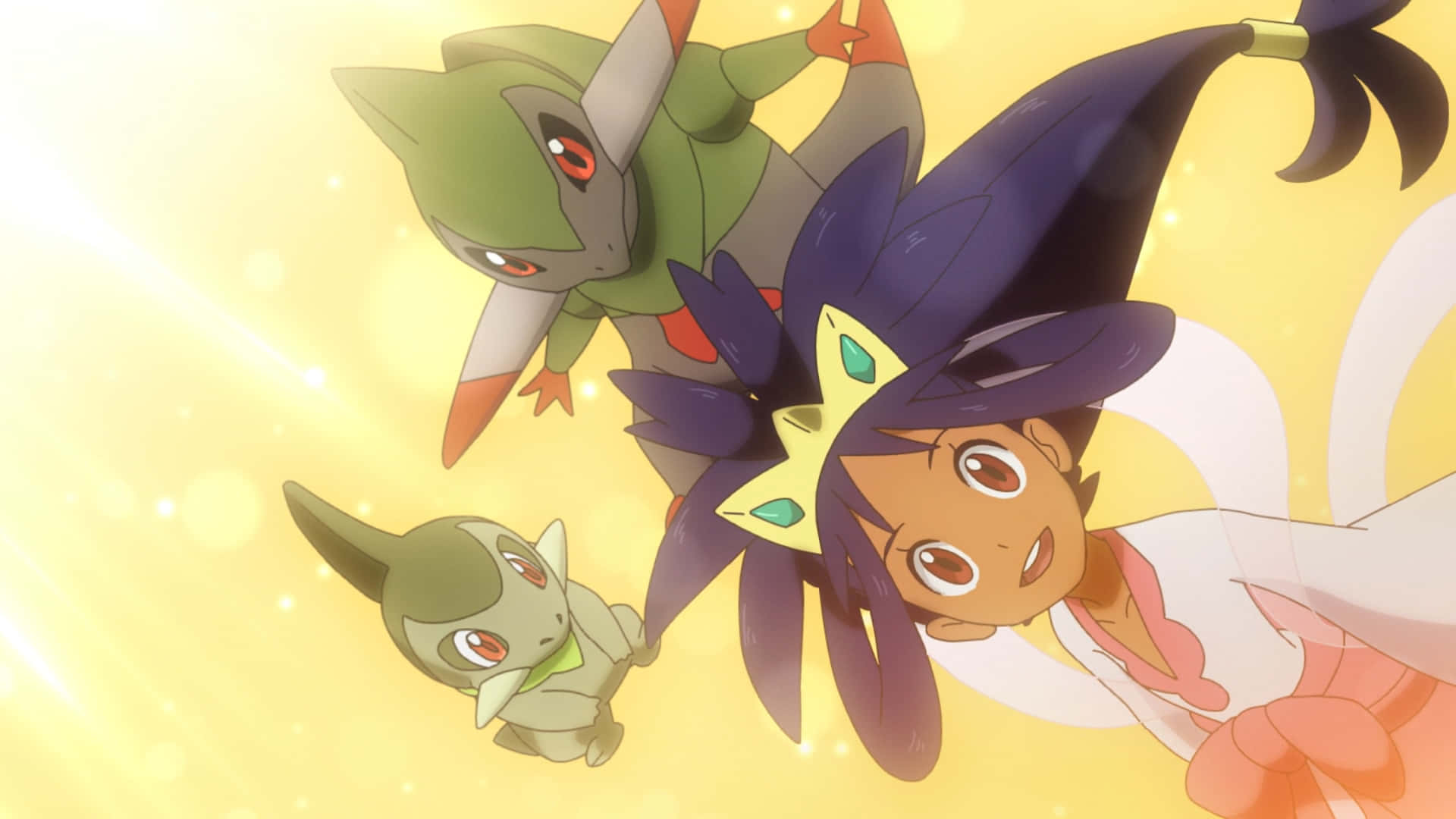 Pokemon Aesthetic 桌布 壁紙 — 一個紫髮少女和兩隻寶可夢在閃耀的金色背景前快樂地漂浮。