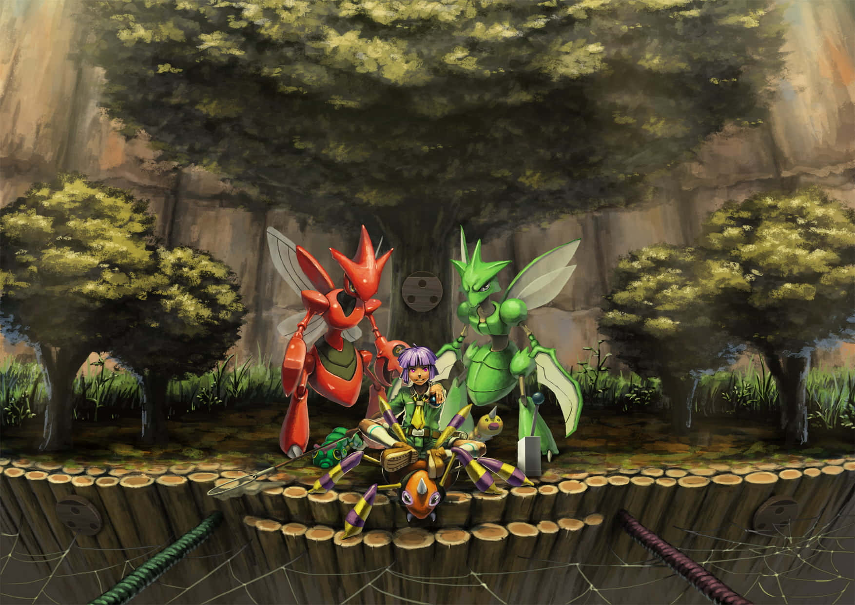 Scyther 桌布 壁紙 — 一個紫髮少女坐在木製平台上，被三隻大型昆蟲狀寶可夢包圍，上方是綠樹成蔭。