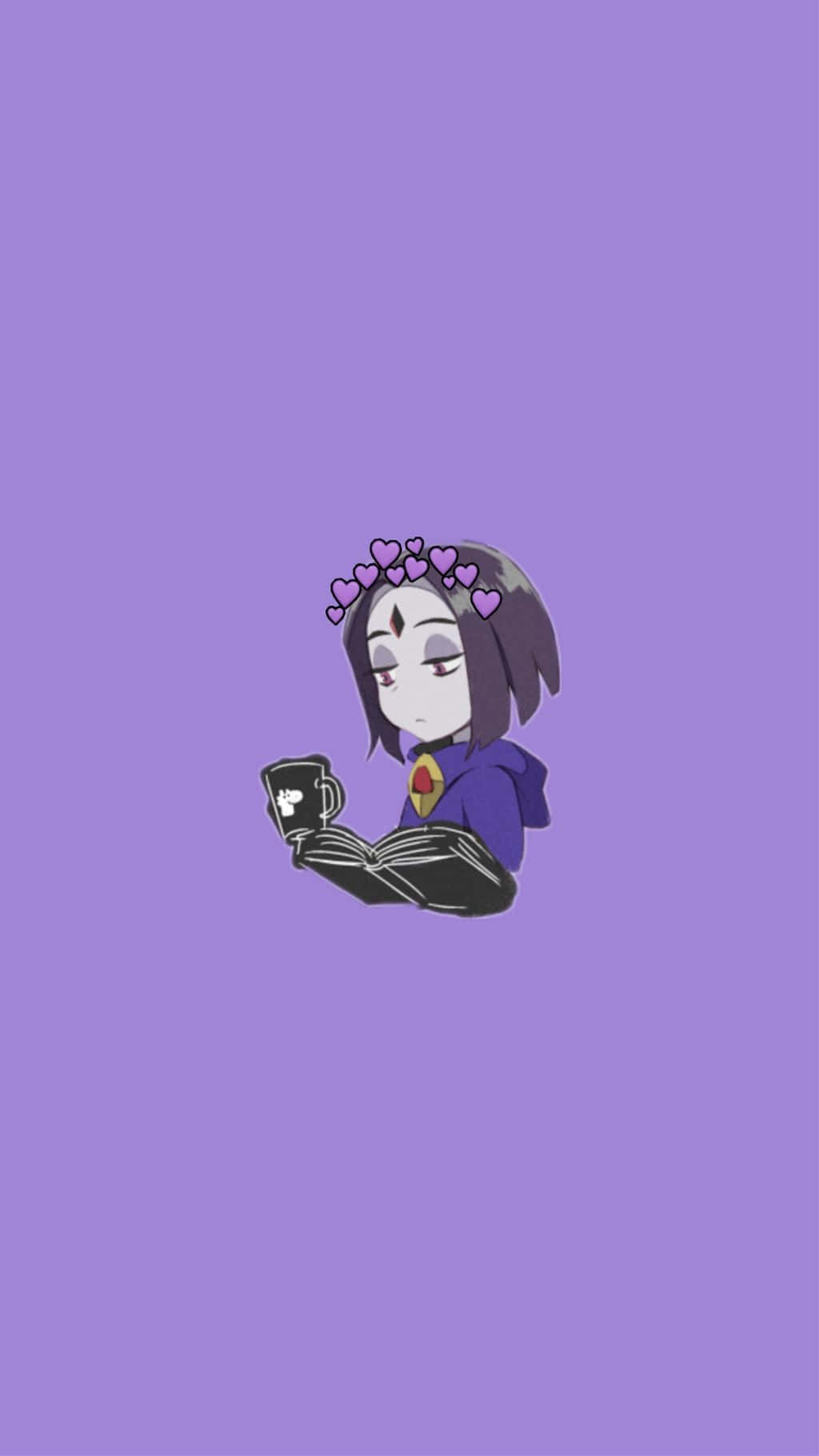 Cute Purple 桌布 壁紙 — 一個紫髮戴心形皇冠的Q版動漫女孩，在純色薰衣草背景前，一邊拿著馬克杯一邊看書。