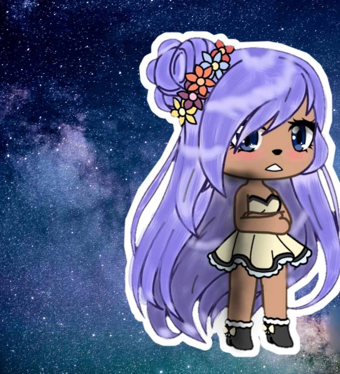 Gacha Life 桌布 壁紙 — 一個紫髮戴花冠的Q版動漫女孩站在繁星銀河背景前。