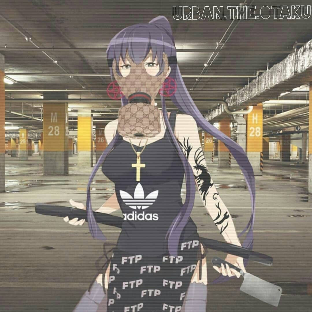 Adidas Logo 桌布 壁紙 — 一個紫髮戴防毒面具的動漫女孩站在昏暗的地下停車場，手持切肉刀和球棒。