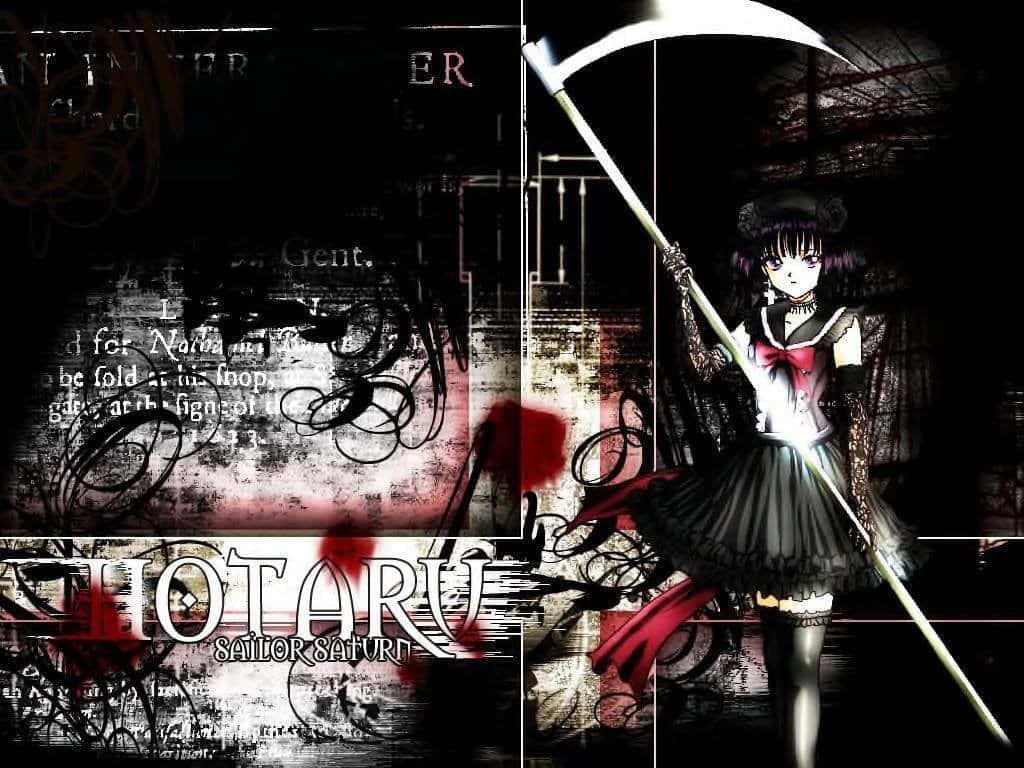 Sailor Saturn 桌布 壁紙 — 一個紫髮的暗黑動漫女孩，在一個粗糙、血跡斑斑的背景上揮舞著鐮刀，背景上有文字和抽象漩渦。