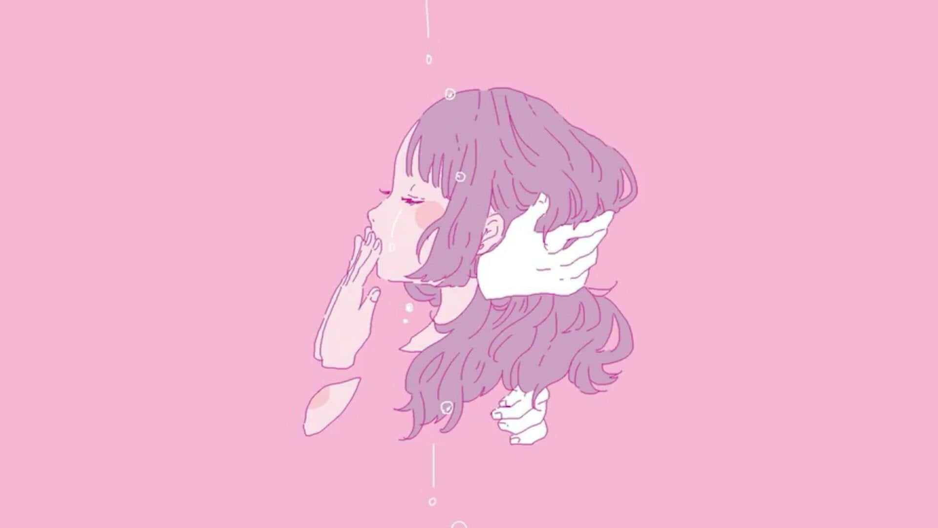 Pink Kawaii 桌布 壁紙 — 一個紫髮的細膩動漫女孩在柔和的粉紅色背景前輕輕哭泣，溫柔的水滴在她周圍落下。