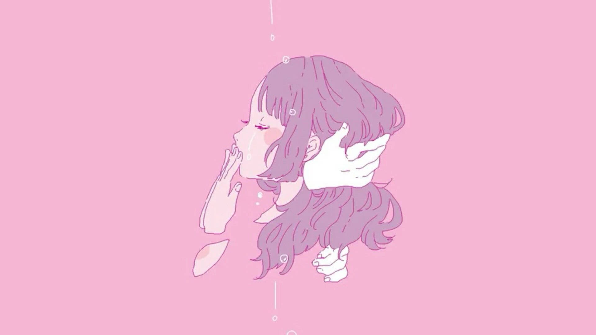 平板電腦 桌布 壁紙 — 一個紫髮的細膩動漫女孩在純粉紅色背景前輕輕哭泣，她的雙手輕柔地觸摸著臉龐。