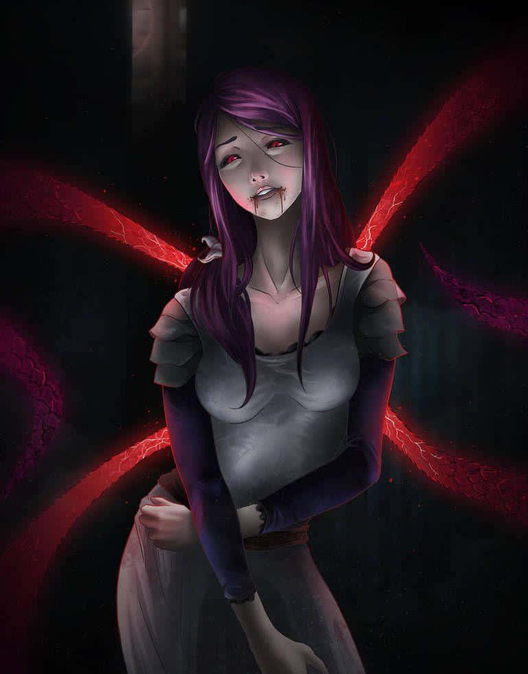 Rize Kamishiro 桌布 壁紙 — 一個紫髮紅光翅膀的暗黑奇幻動漫女孩，站在陰影中，嘴唇上沾著血。