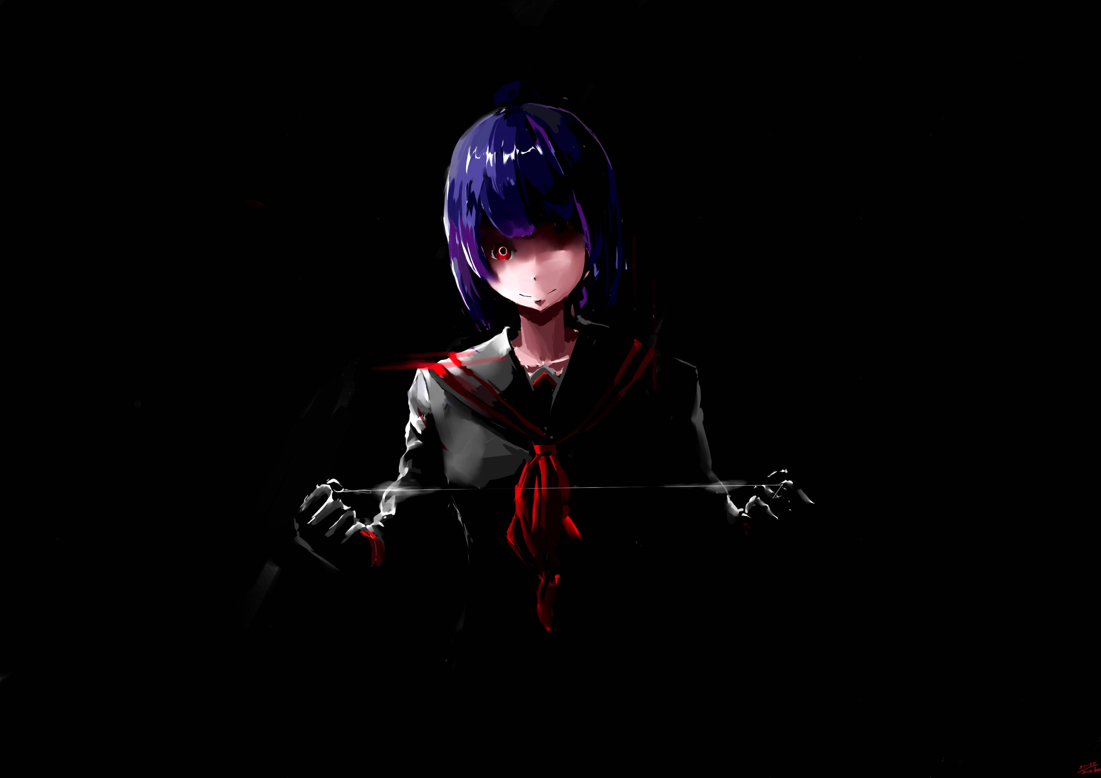 Yandere 桌布 壁紙 — 一個紫髮紅眼的暗黑動漫女孩，在黑色背景前握著一把發光的劍。