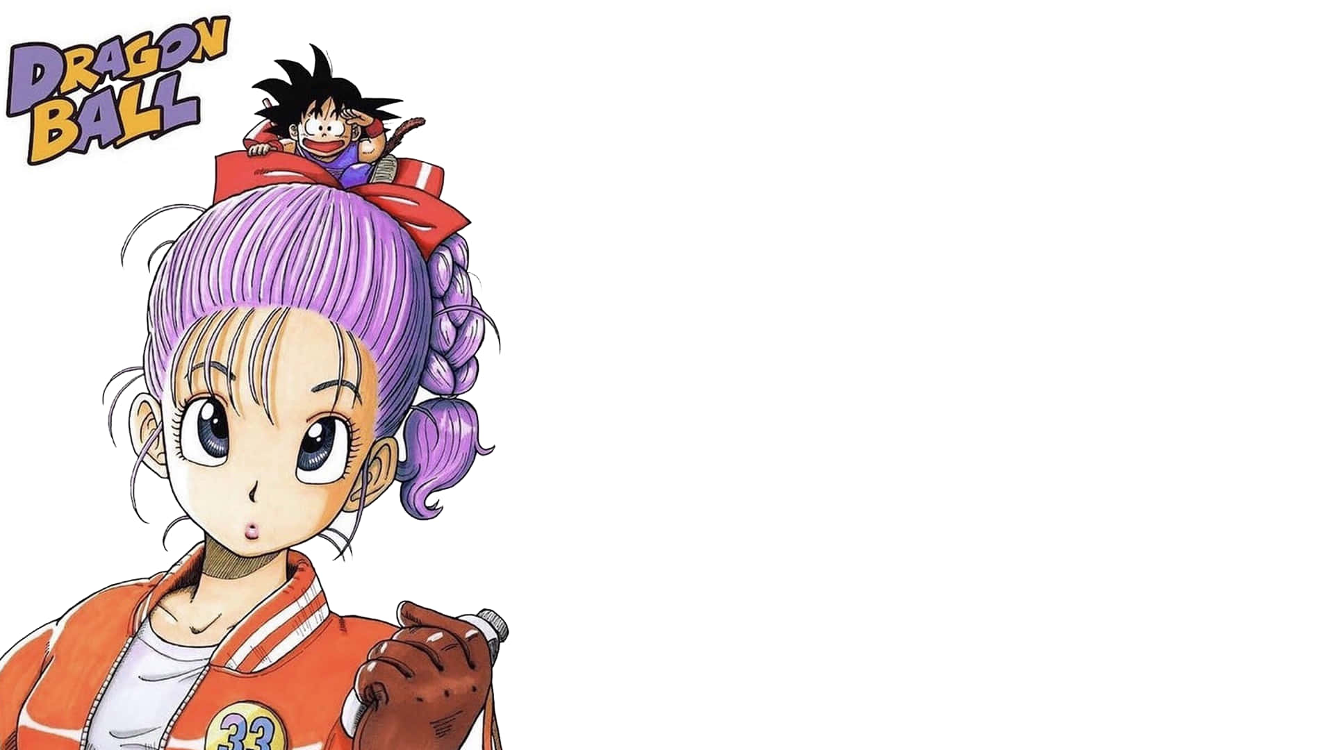 kid goku 桌布 壁紙 — 一個紫髮紅蝴蝶結的龍珠動漫女孩，頭上頂著一個小男孩，背景是純白色。
