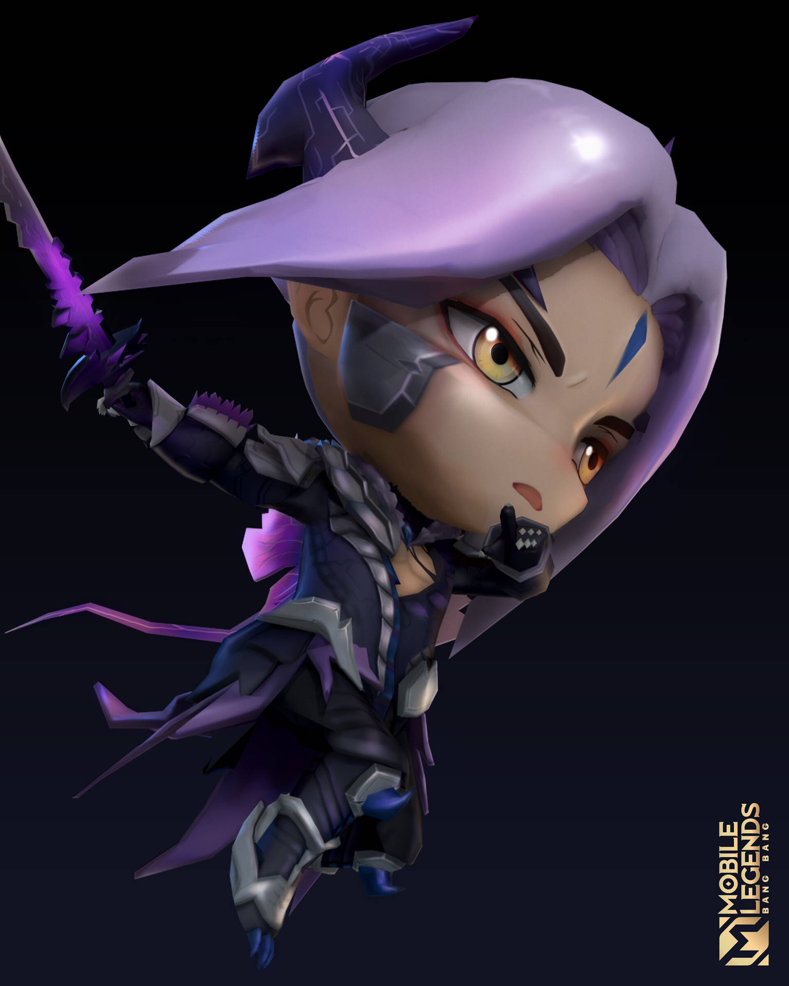 Mobile Legends 動態圖 桌布 壁紙 — 一個紫髮紫甲的Q版戰士，在黑暗背景下揮舞一把鋸齒劍。
