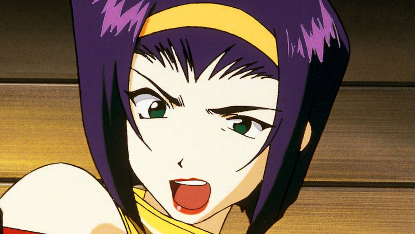 Faye Valentine 桌布 壁紙 — 一個紫髮綠眼的動漫女孩特寫，表情激烈地大叫。
