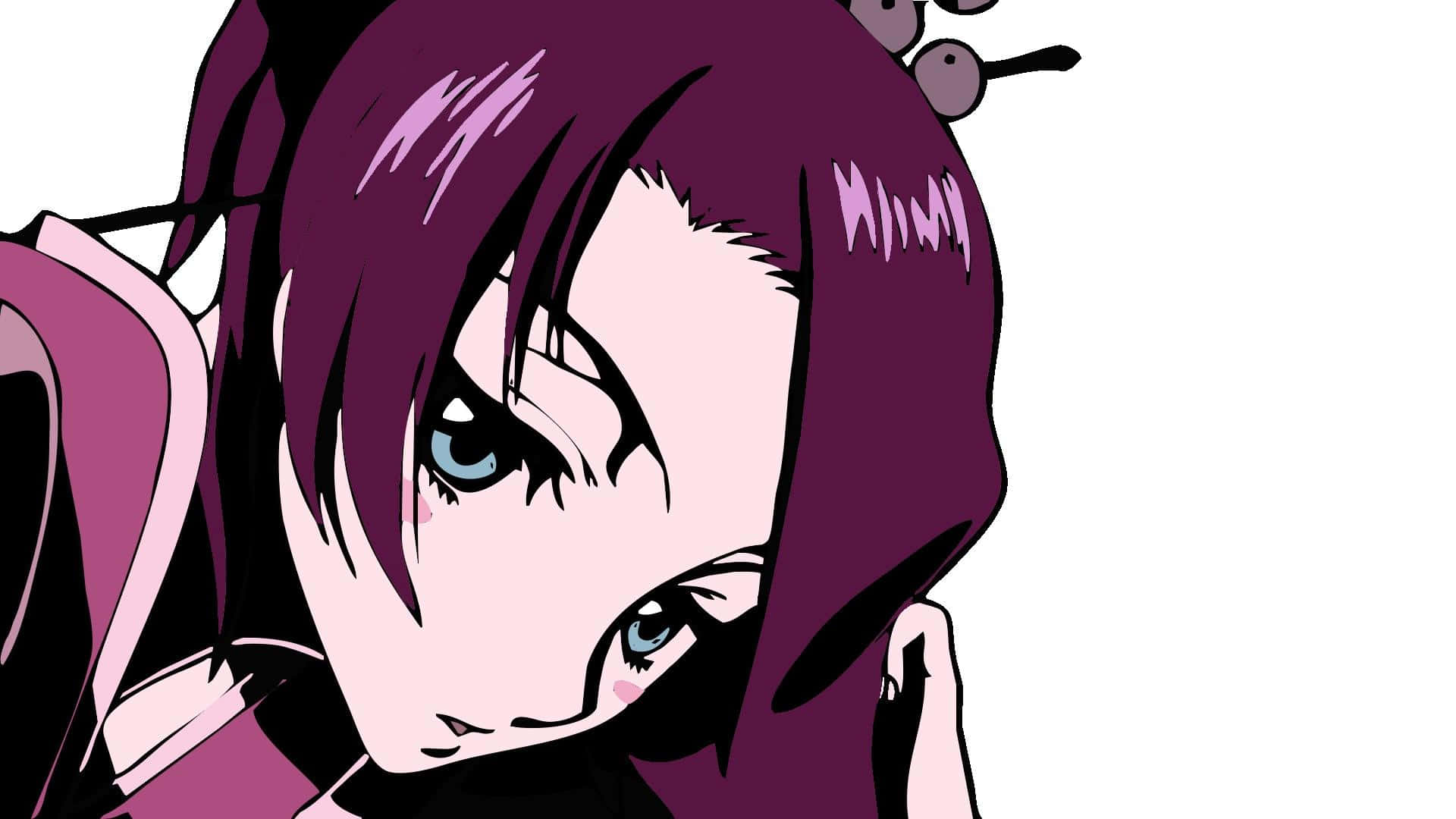 Samurai Champloo 桌布 壁紙 — 一個紫髮藍眼動漫女孩的特寫，帶著沉思的表情向下凝視。