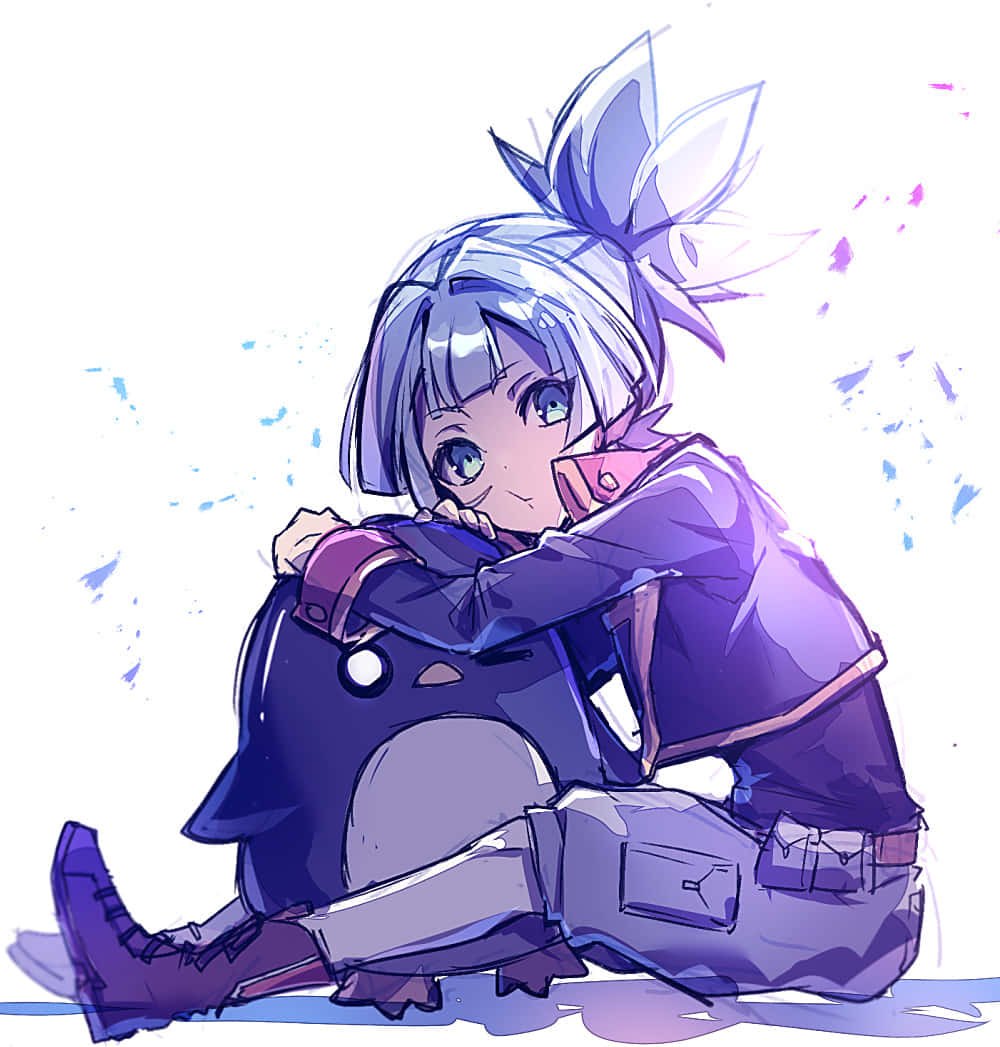 Sora Shiunin 桌布 壁紙 — 一個紫髮藍眼的動漫女孩坐在明亮的白色背景前，抱著一個毛絨玩具，背景上有油漆飛濺。