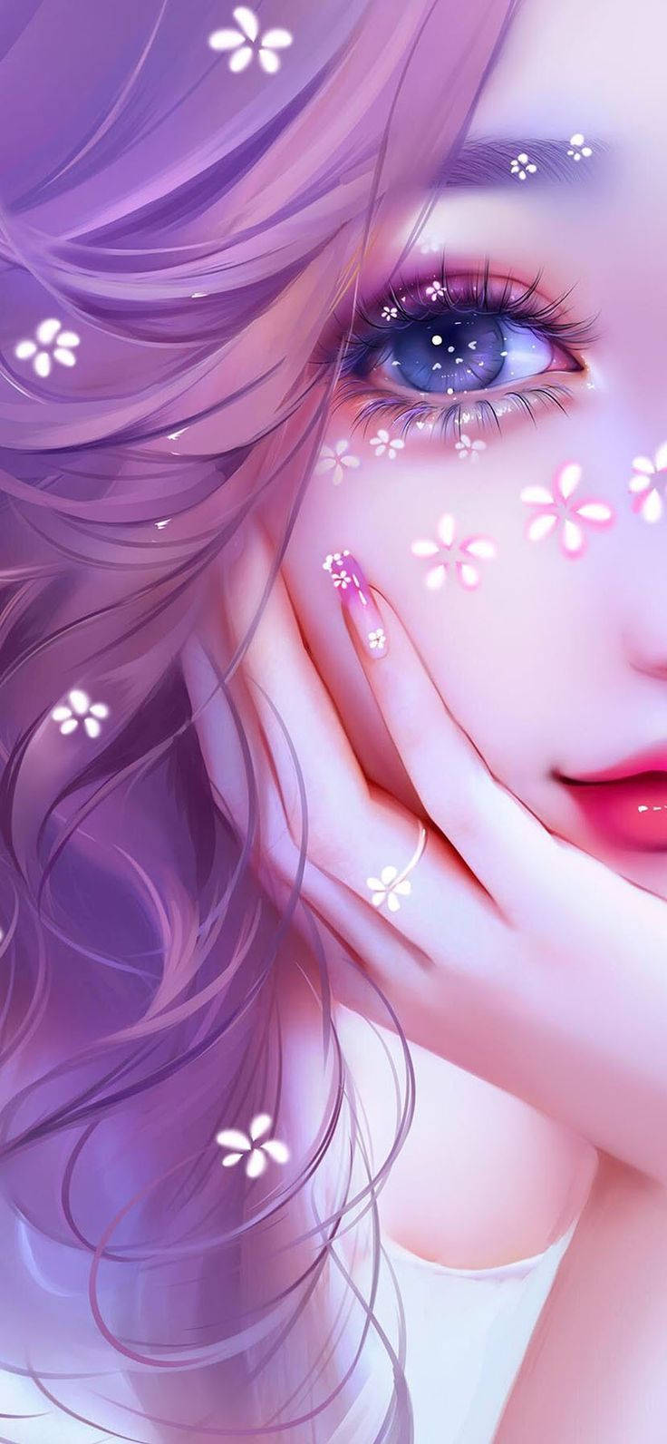 可愛女生 桌布 壁紙 — 一個紫髮藍眼的動漫少女特寫，她輕輕觸摸自己的臉龐，發光的白色花朵在她周圍飄浮。