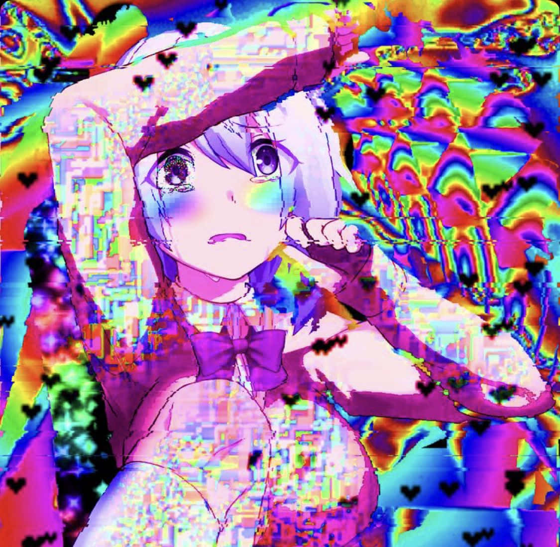 animecore 桌布 壁紙 — 一個紫髮蝴蝶結的故障藝術動漫女孩，透過迷幻彩虹扭曲凝視，周圍漂浮著心形。