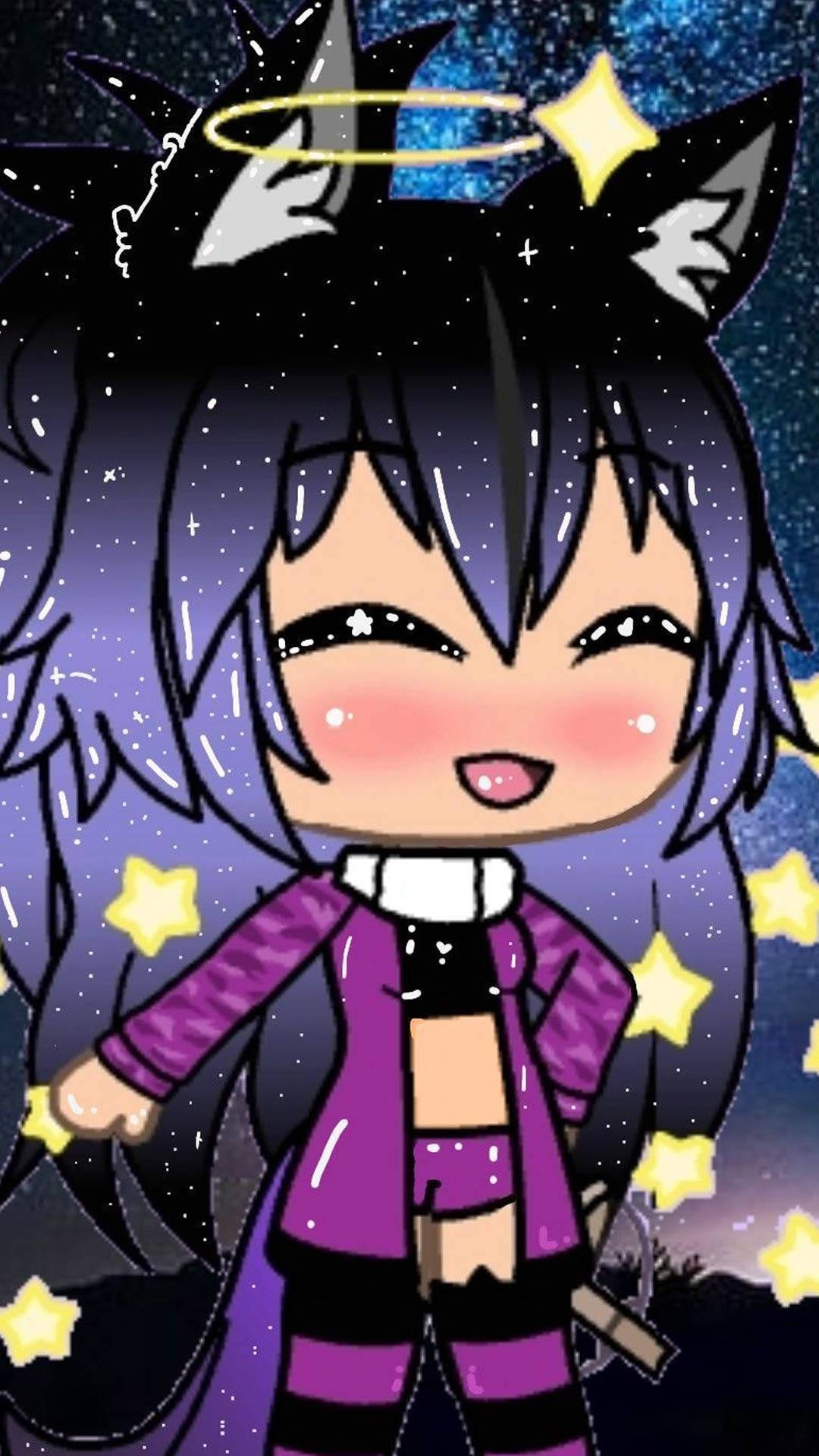 Cute Girl 桌布 壁紙 — 一個紫髮貓耳的可愛動漫女孩，在滿天星斗的夜空下，帶著發光的光環和漂浮的星星，燦爛地微笑。