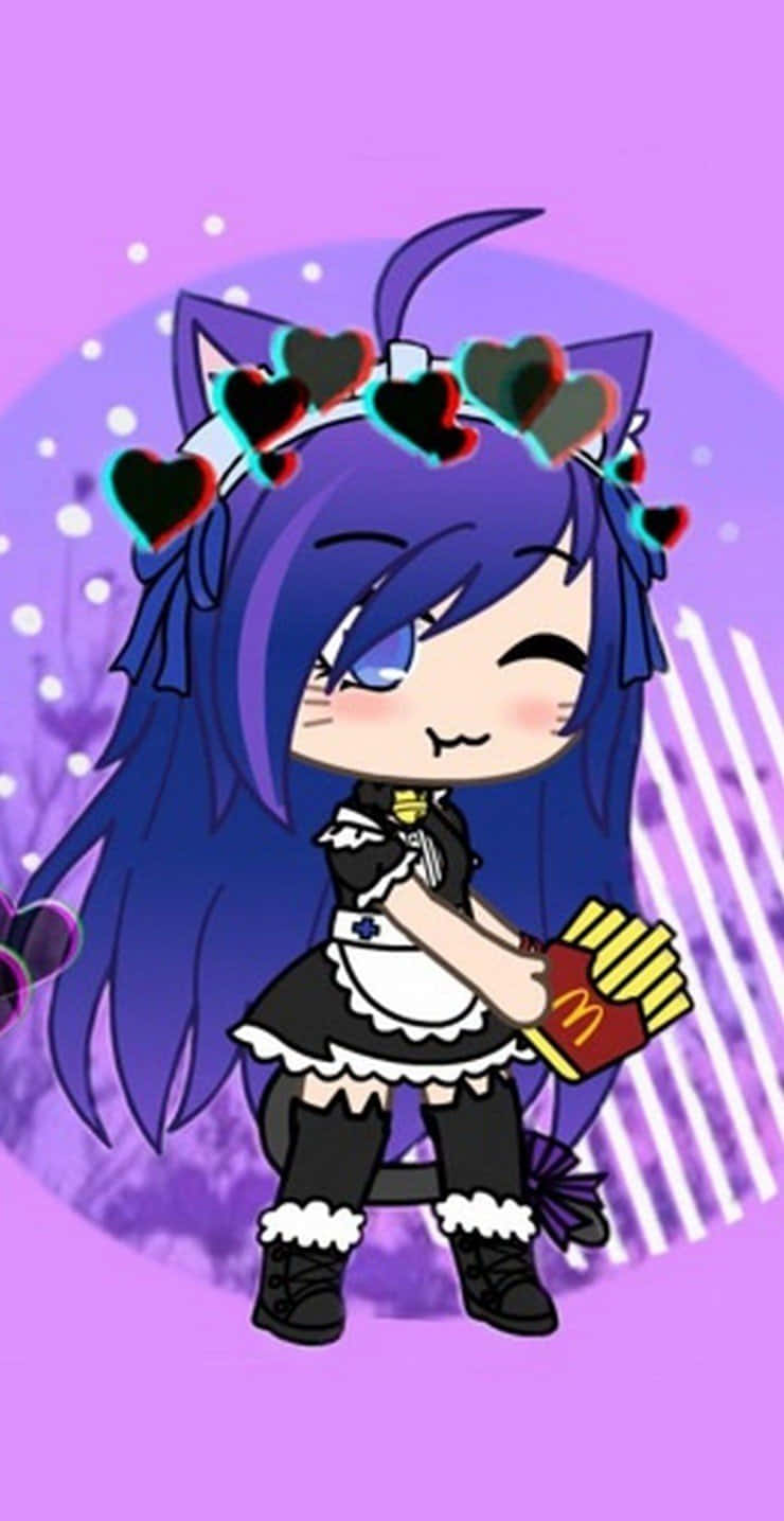 Gacha 桌布 壁紙 — 一個紫髮貓耳的可愛動漫女孩，穿著女僕裝，手持麥當勞薯條盒，背景是發光的紫色。