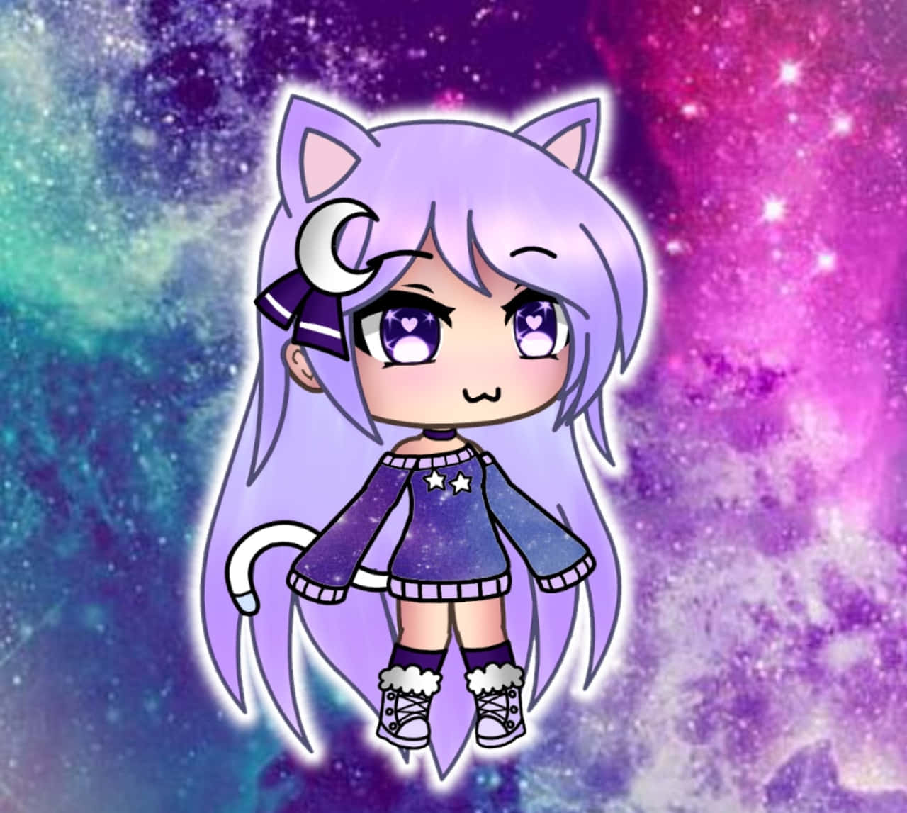 Gacha Life 桌布 壁紙 — 一個紫髮貓耳的可愛動漫女孩漂浮在充滿活力的宇宙星系背景上。