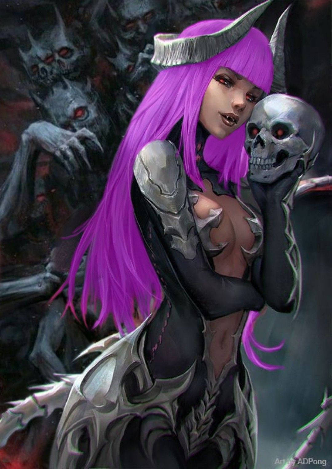 Mobile Legends 動態圖 桌布 壁紙 — 一個紫髮銀角的惡魔女子手持頭骨，黑暗生物潛伏在她身後。