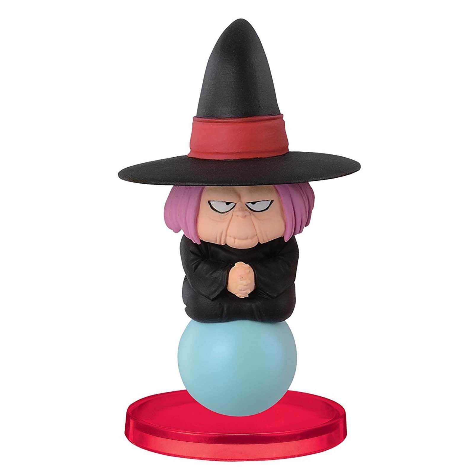 Baba Yaga 桌布 壁紙 — 一個紫髮黑帽的Q版女巫公仔坐在紅色底座上的藍色球體上。