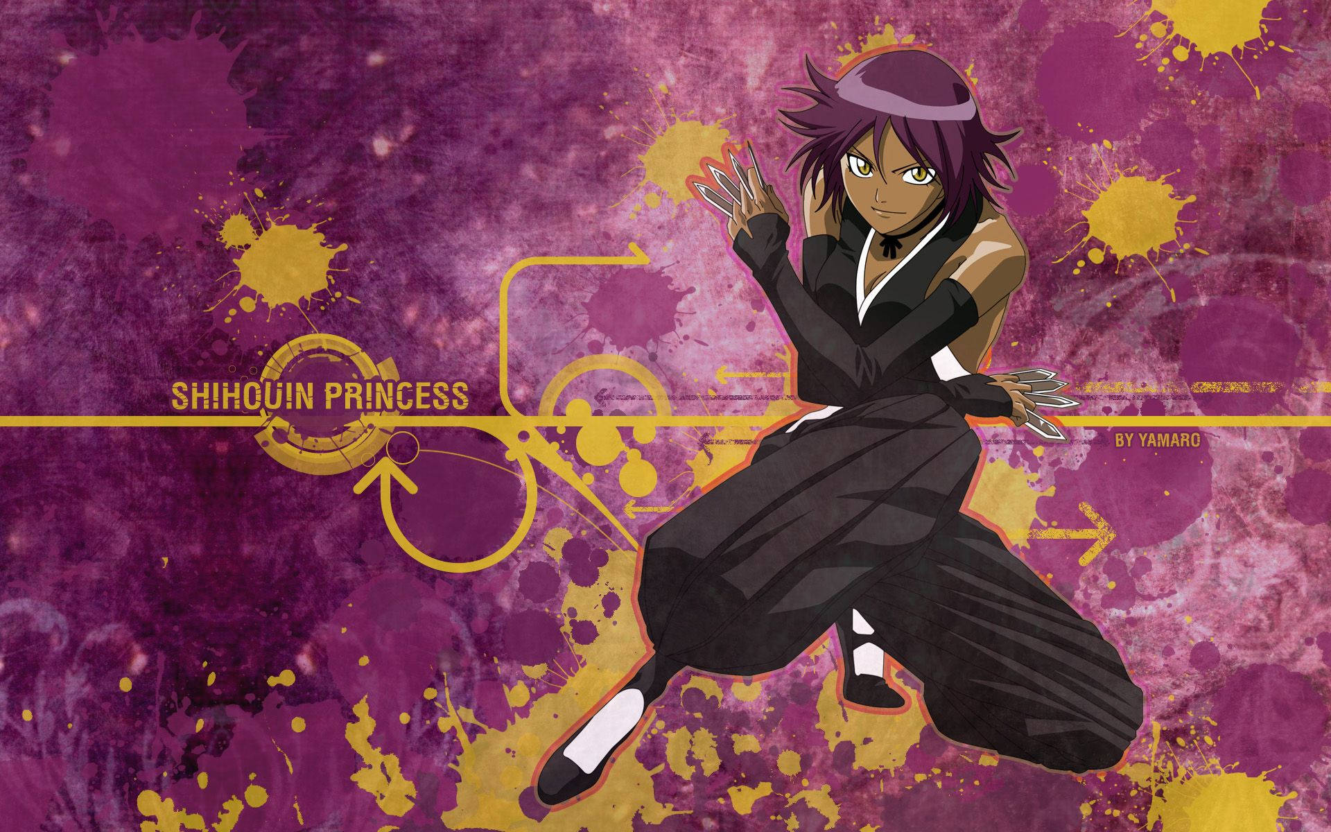 Yoruichi 桌布 壁紙 — 一個紫髮黑衣的動漫角色在充滿活力的紫色和黃色潑濺背景前擺出動態姿勢。