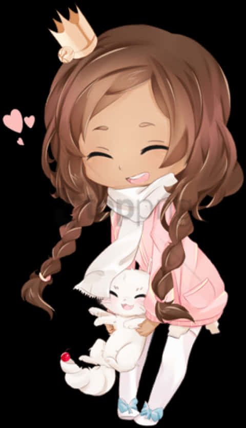 Anime Chibi 桌布 壁紙 — 一個紮著棕色辮子、戴著皇冠的開心Q版女孩，在黑色背景前抱著一隻白貓，周圍有漂浮的心形圖案。