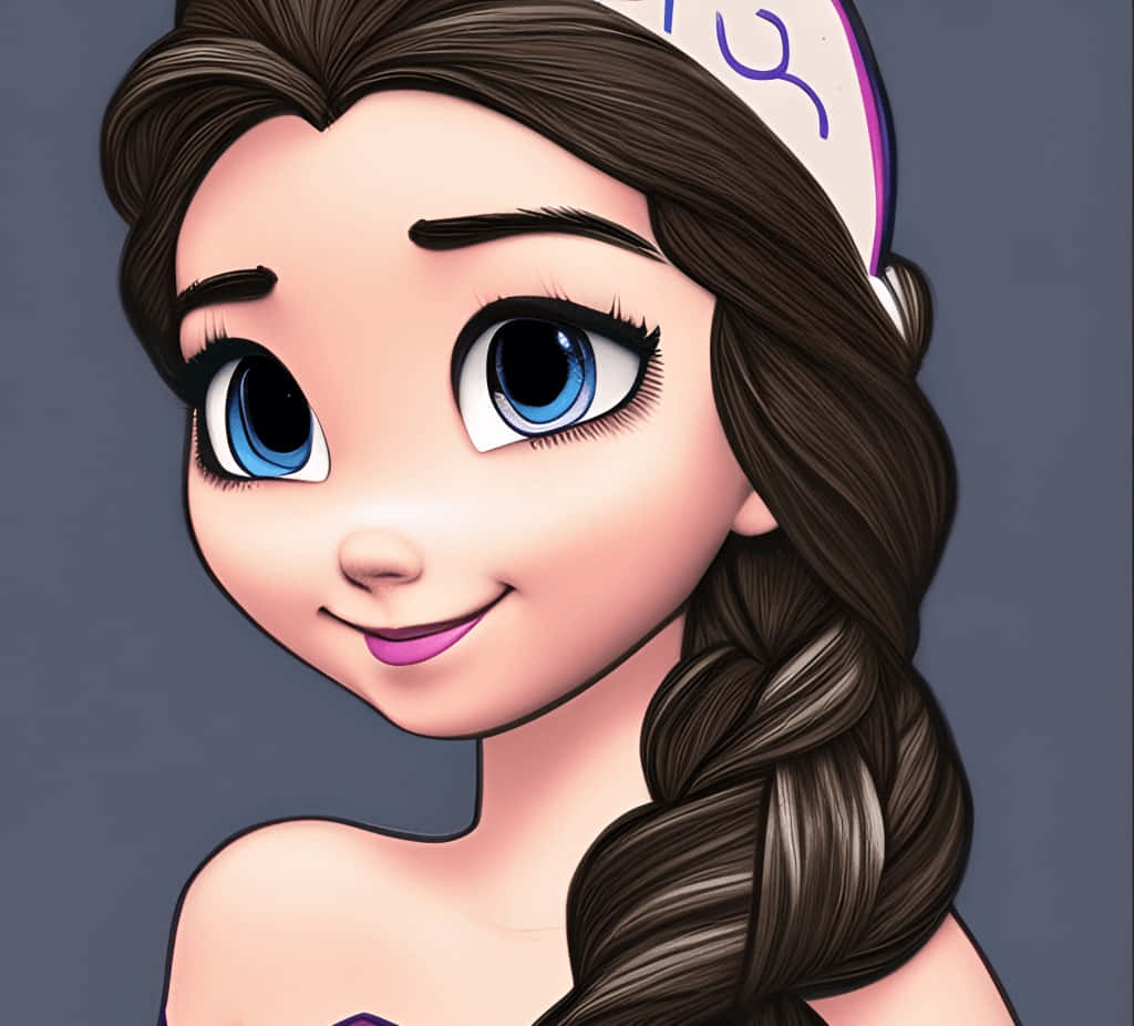 Cute Animations 桌布 壁紙 — 一個紮著棕色辮子、擁有明亮藍眼睛的開朗動畫女孩，在純灰色背景上溫暖地微笑。