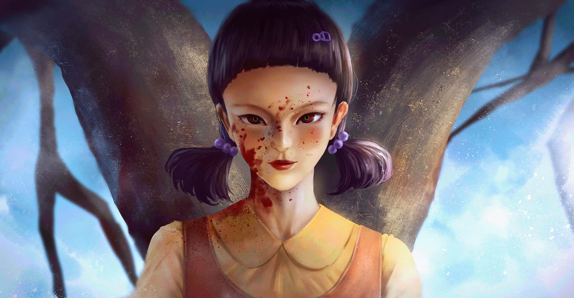 Squid Game 桌布 壁紙 — 一個紮著深色辮子的年輕女孩，臉上沾有血跡，站在巨大的陰影翅膀前，背景是明亮的藍天。