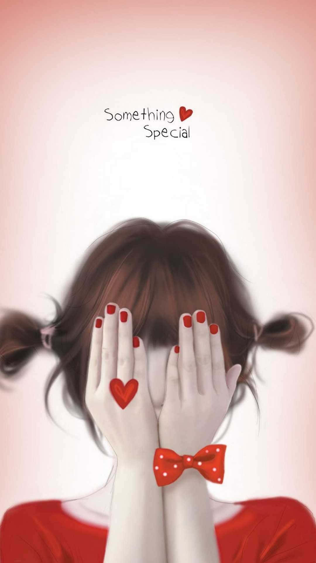 可愛女生 桌布 壁紙 — 一個紮著辮子、塗紅色指甲油的女孩，用飾有心形刺青和紅色蝴蝶結的雙手遮住臉。