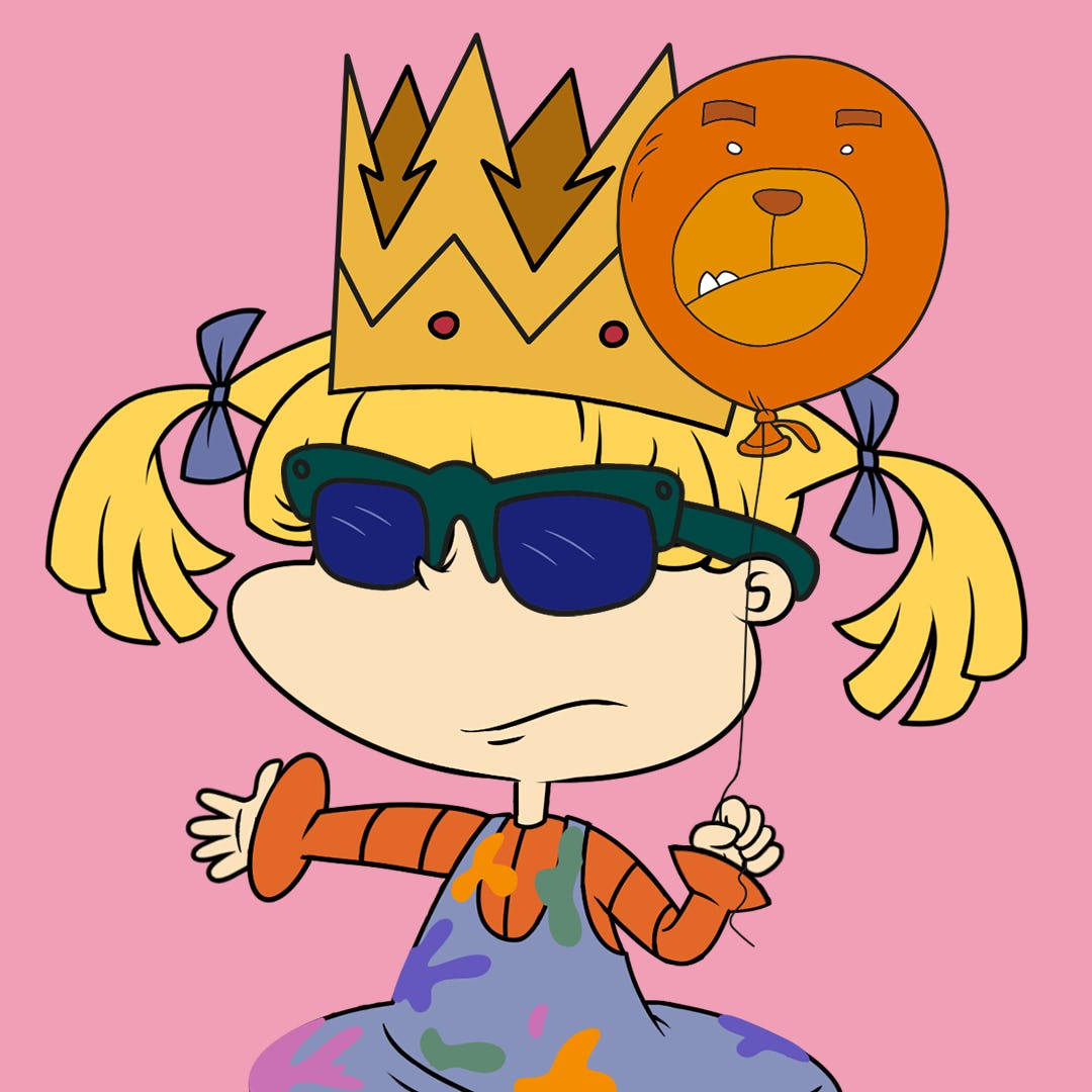 angelica pickles 桌布 壁紙 — 一個紮著辮子、戴著太陽眼鏡的卡通女孩，在粉紅色背景前拿著獅子氣球，戴著皇冠。