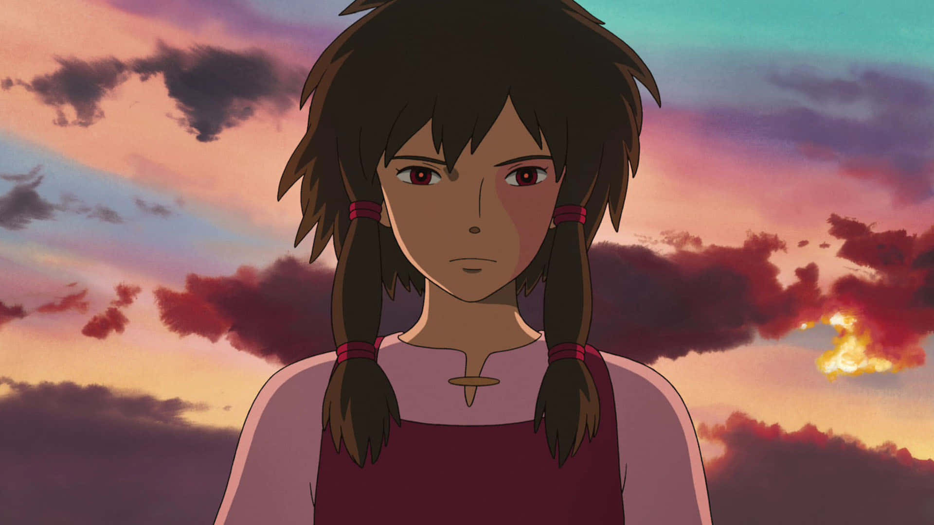 Tales From Earthsea 桌布 壁紙 — 一個紮著辮子的小女孩站在充滿火燒雲和柔和粉彩色的鮮豔日落天空前。
