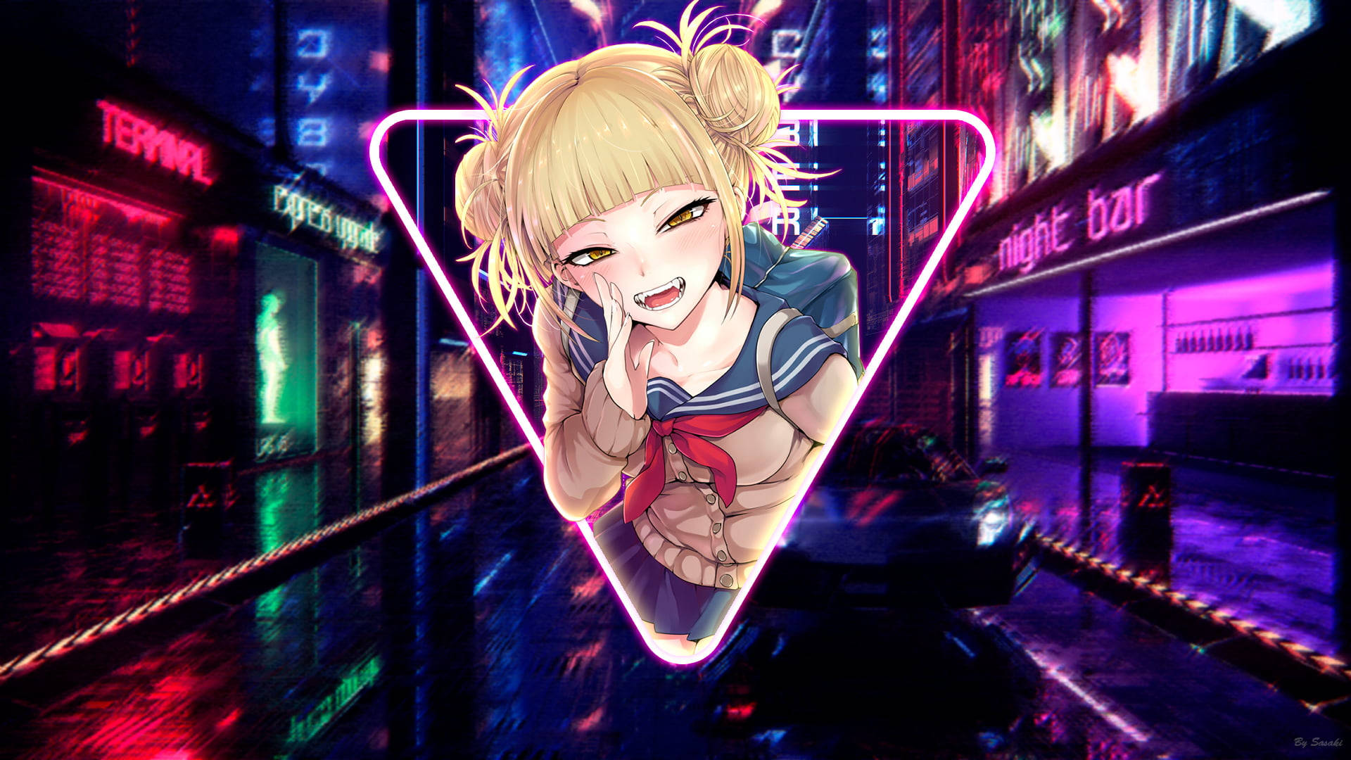 Neon Light 桌布 壁紙 — 一個紮著金色雙馬尾的開朗動漫女孩，在夜晚霓虹閃爍的賽博龐克城市街道上，於一個發光的粉紅色三角形內微笑。