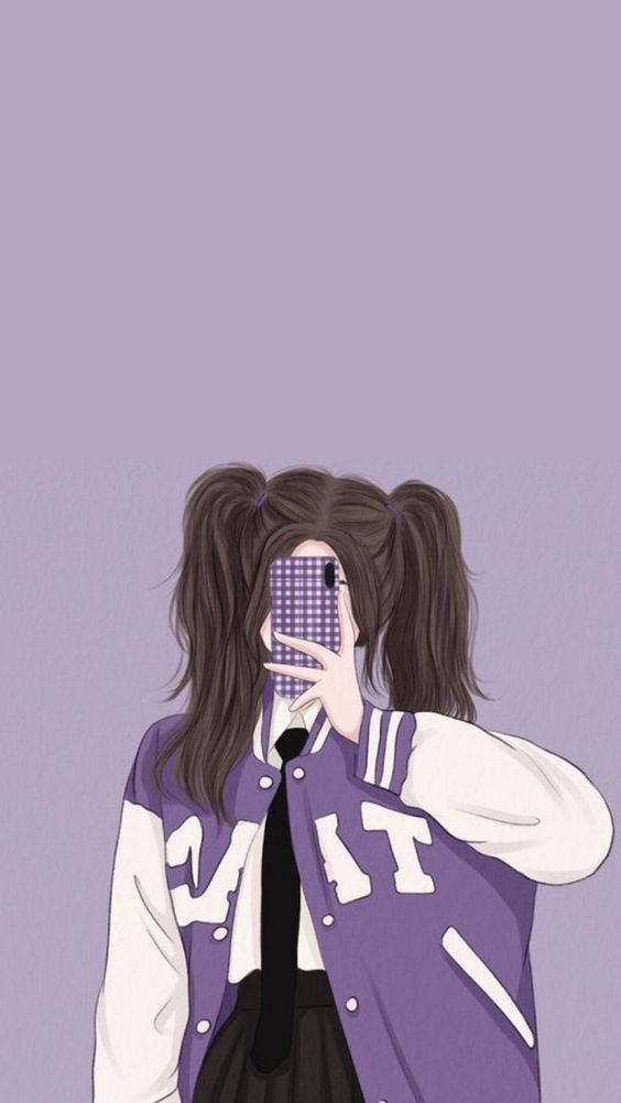 Cool Girl Cartoon 桌布 壁紙 — 一個紮著雙馬尾的女孩穿著紫色Varsity外套，在純色薰衣草背景前自拍。
